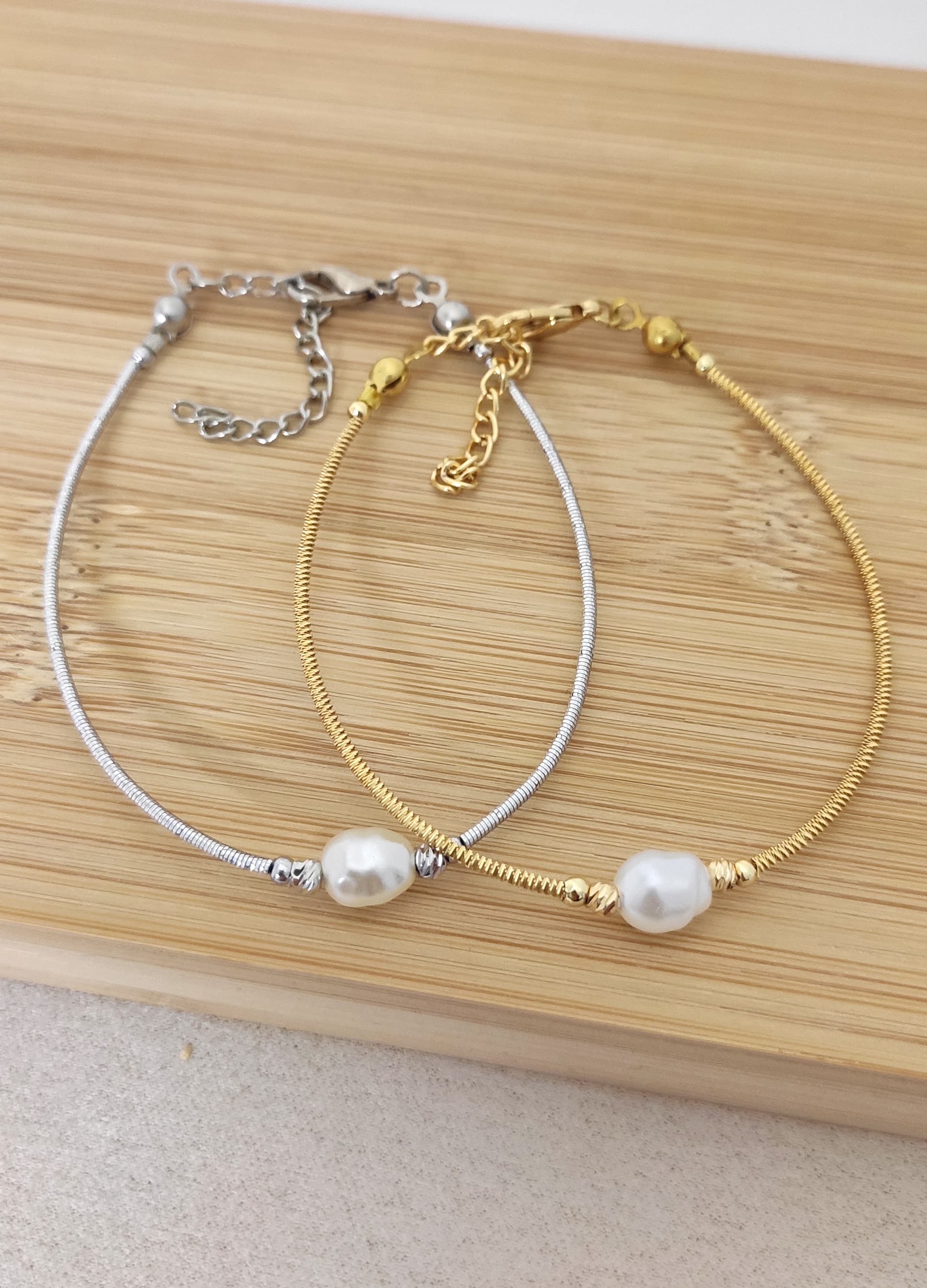 Brass with Silver Tone, Genuine Pearl Dangle Bracelet