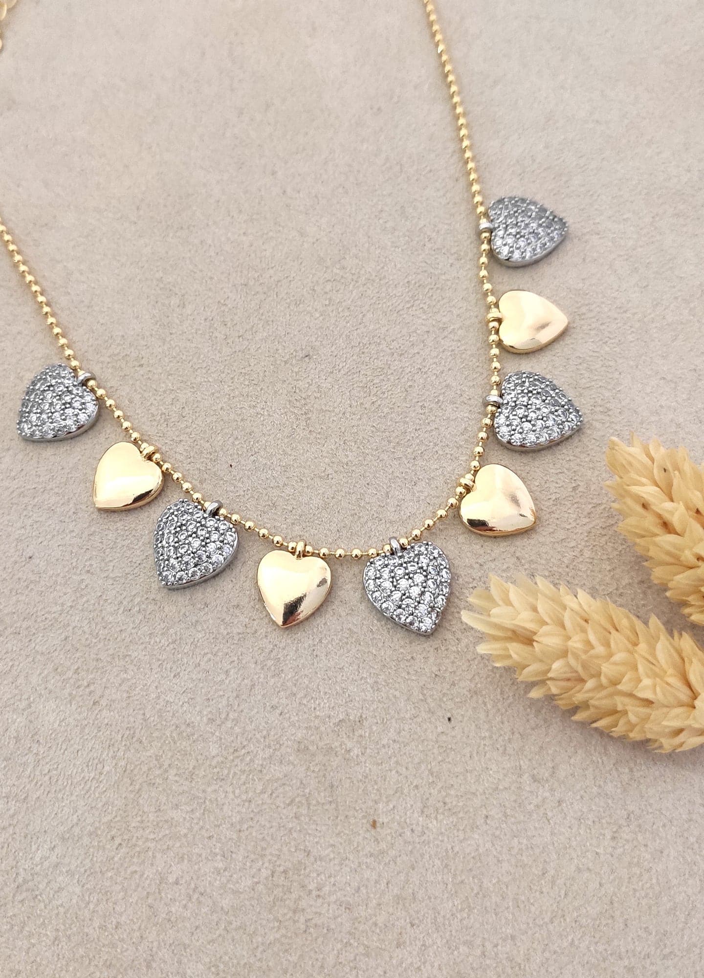 Rhodium and Gold Plated (Double Color) Zircon Stone Heart Figured Necklace on Brass
