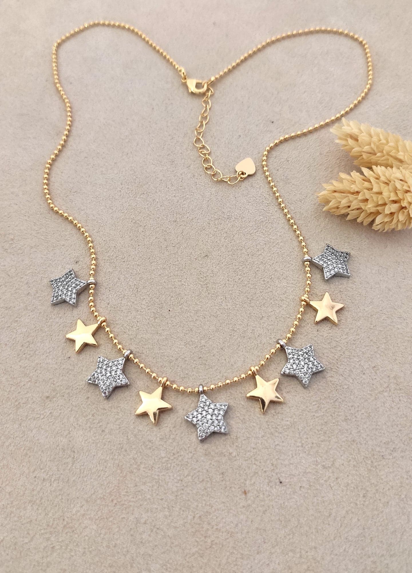 Rhodium and Gold Plated (Double Color) Zircon Stone Star Figured Necklace on Brass