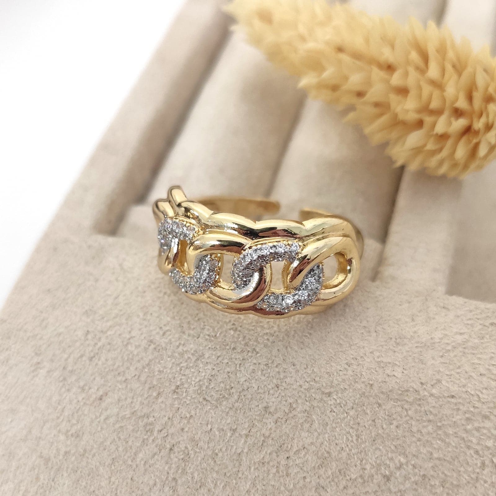 Gold Plated Zircon Stone Ring Patterned Adjustable Ring on Brass