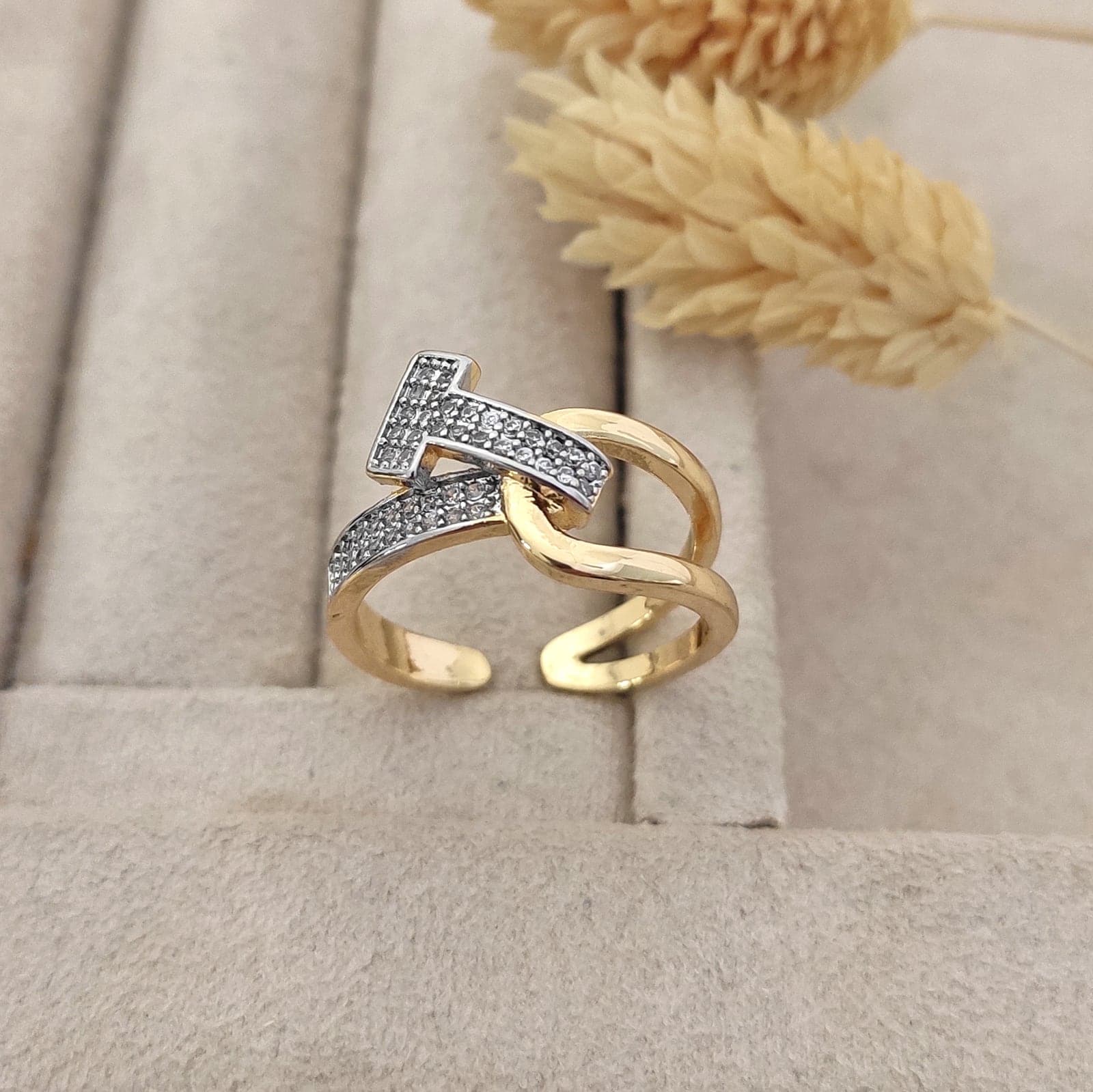 T-Patterned Adjustable Ring with Gold Plated Zircon Stones on Brass