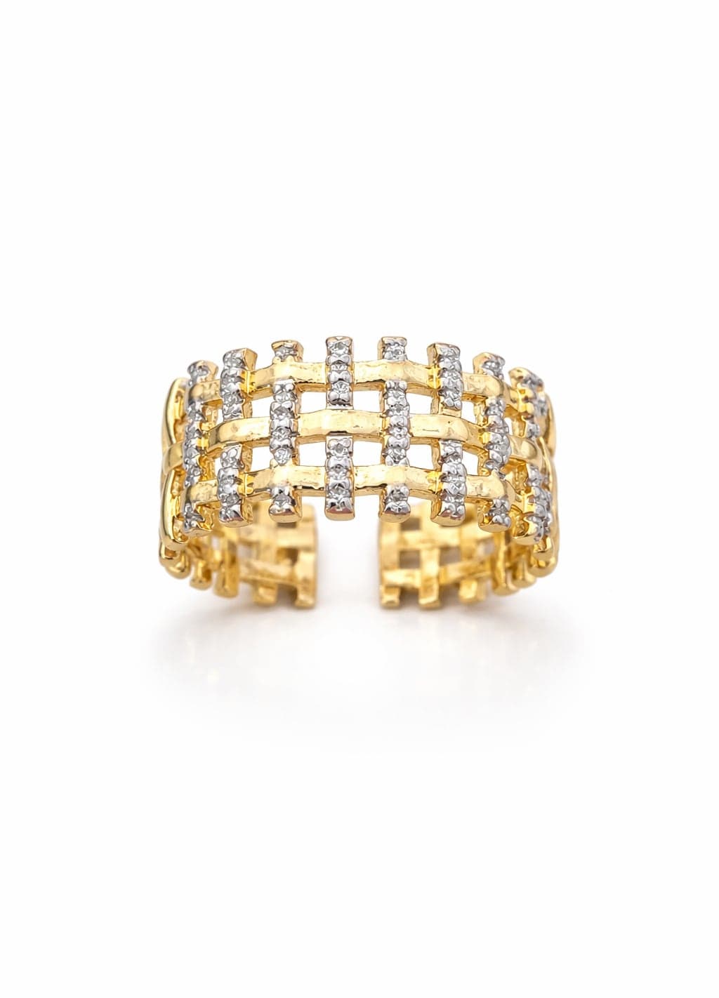 Gold Plated Brass Ring with Three Row Zircon Stones