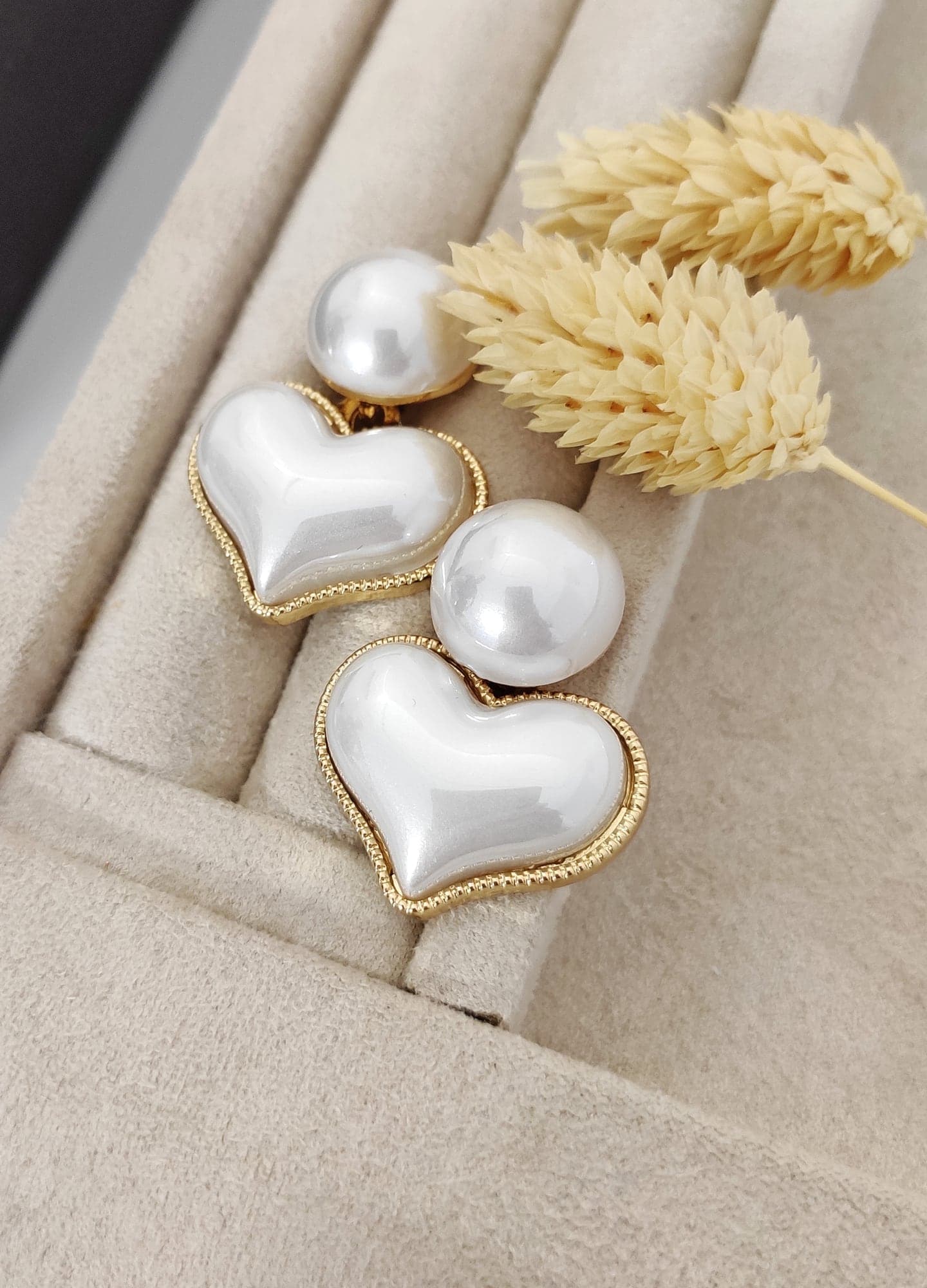Brass with Gold Plated Plastic Pearl Embroidered Heart Dangle Earrings