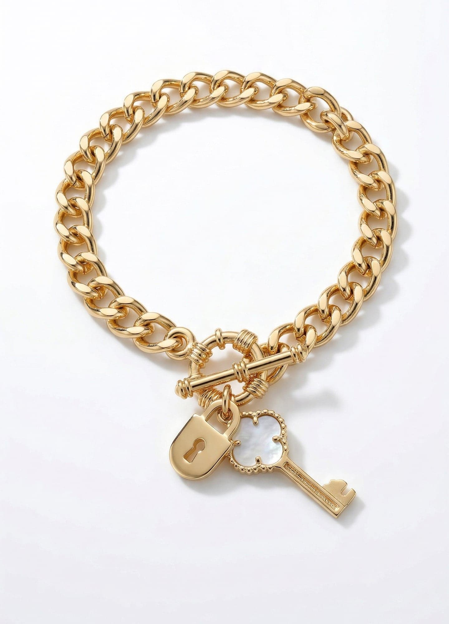 Gold Plated Bracelet with Mother-of-Pearl Stone and Key and Lock Pendant on Brass