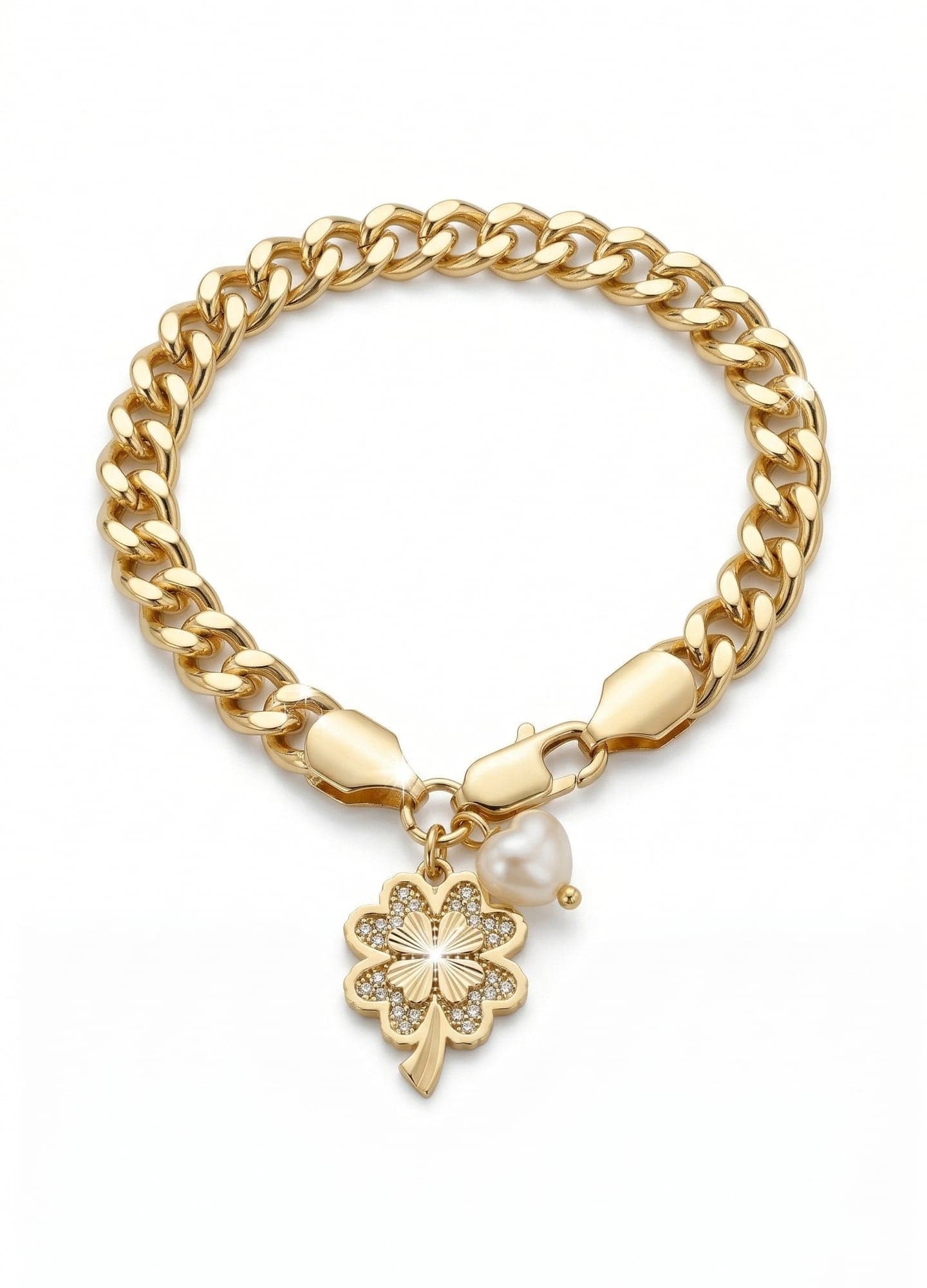 Brass Gold Plated Zircon Stone Clover and Plastic Pearl Dangle Bracelet