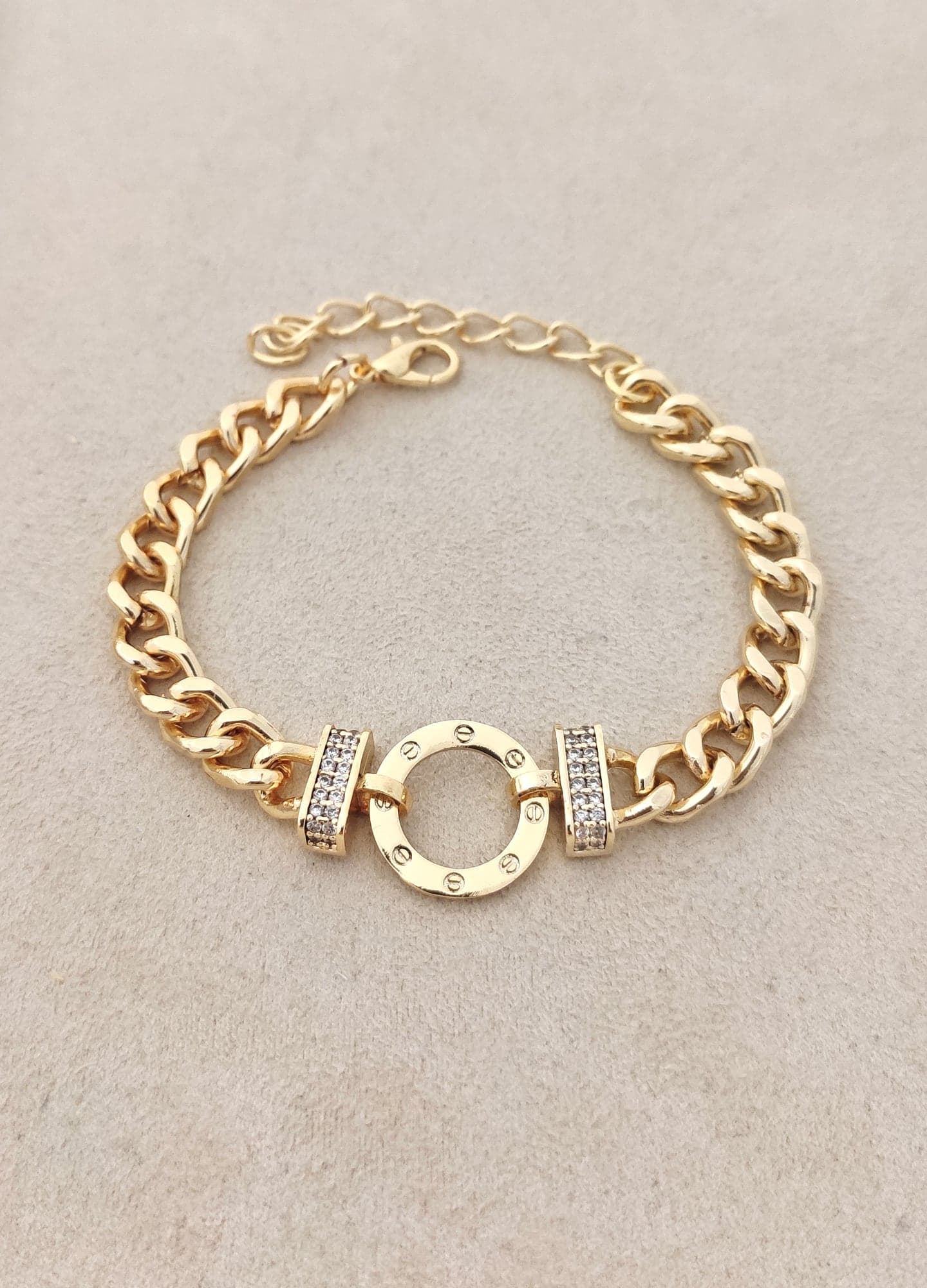 Brass Gold Plated Zircon Stone Ring Detailed Bracelet