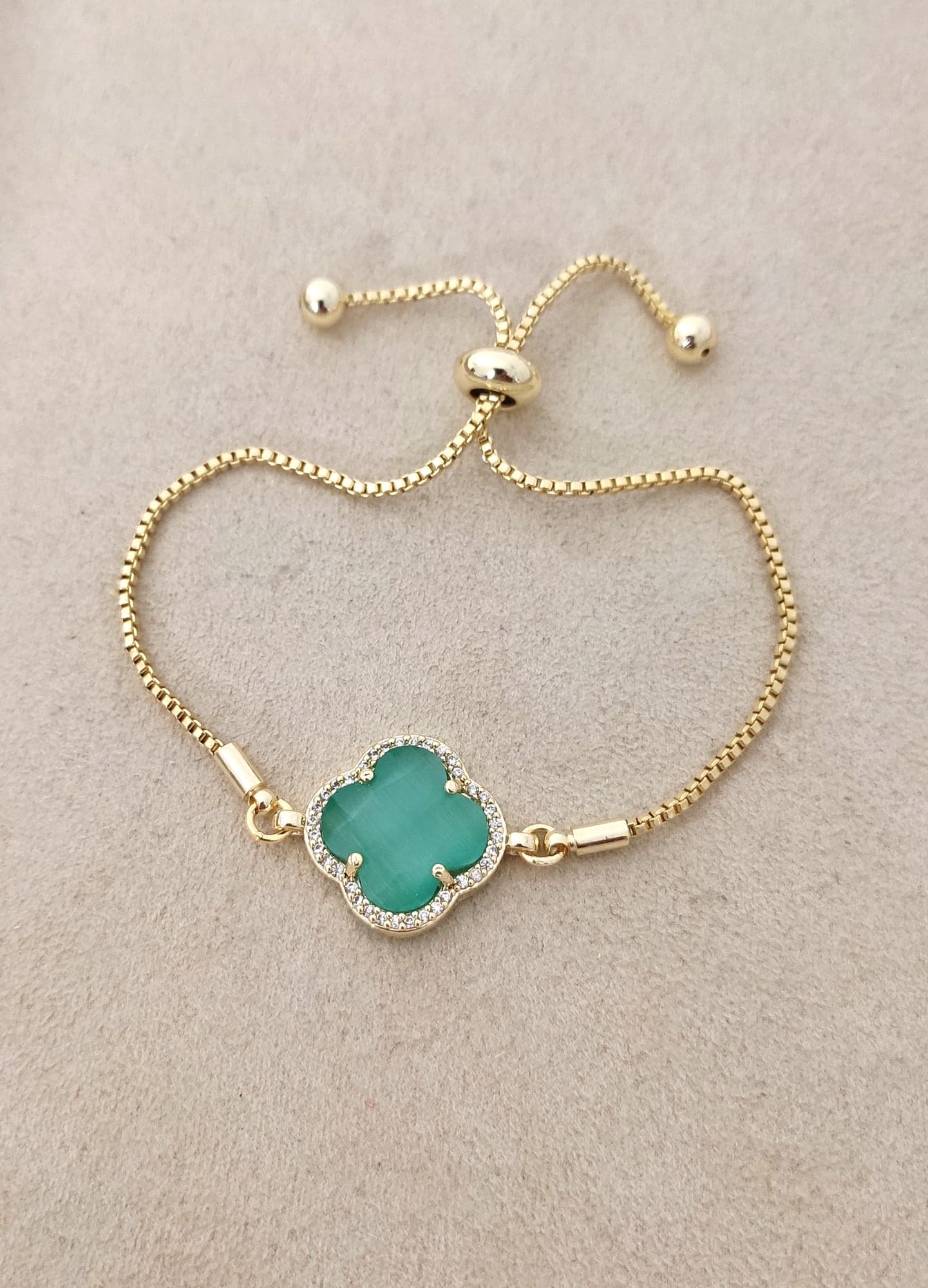 Gold Plated Brass Clover Bracelet with Cat's Eye and Zircon Stones