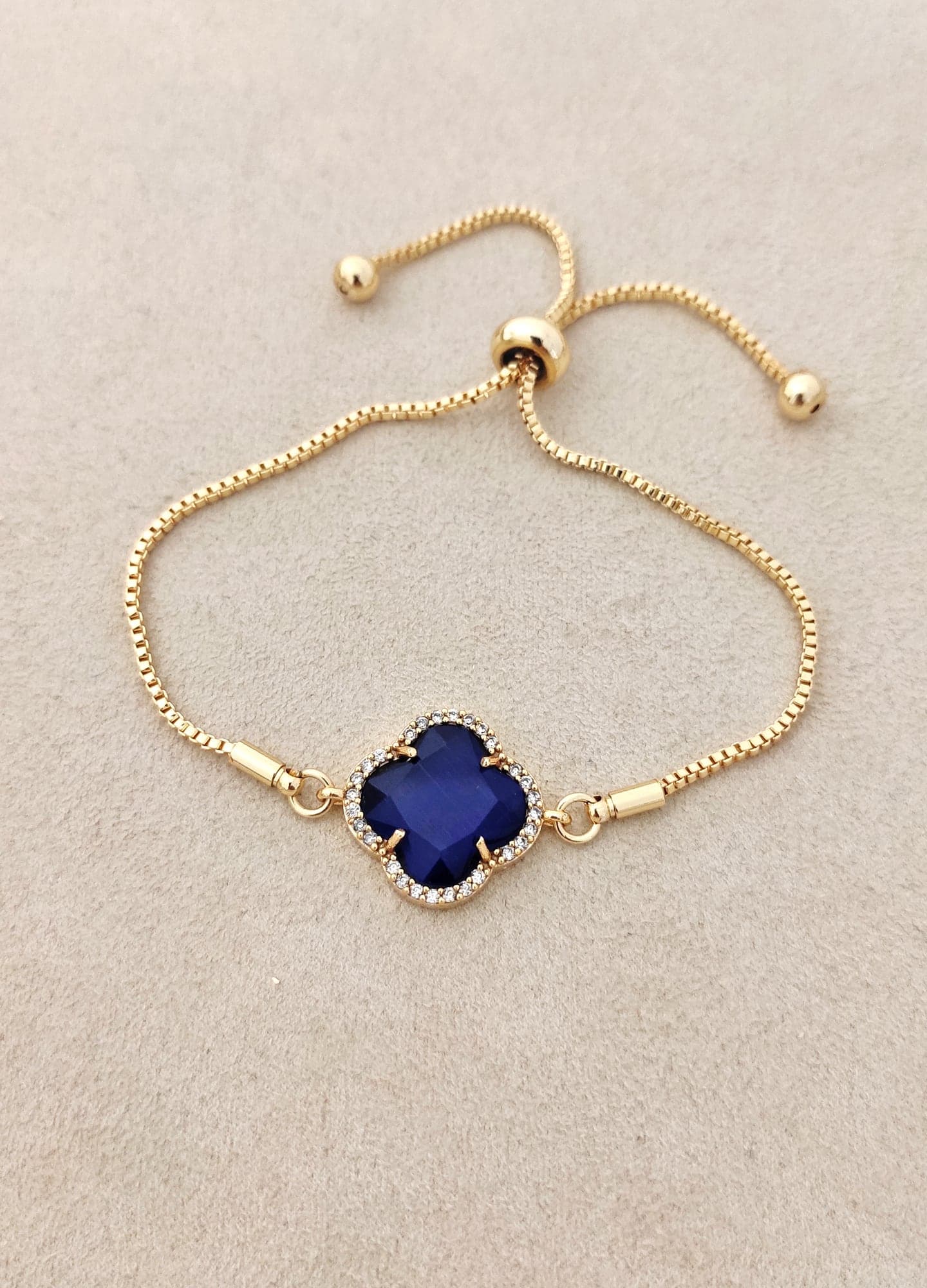 Gold Plated Brass Clover Bracelet with Cat's Eye and Zircon Stones