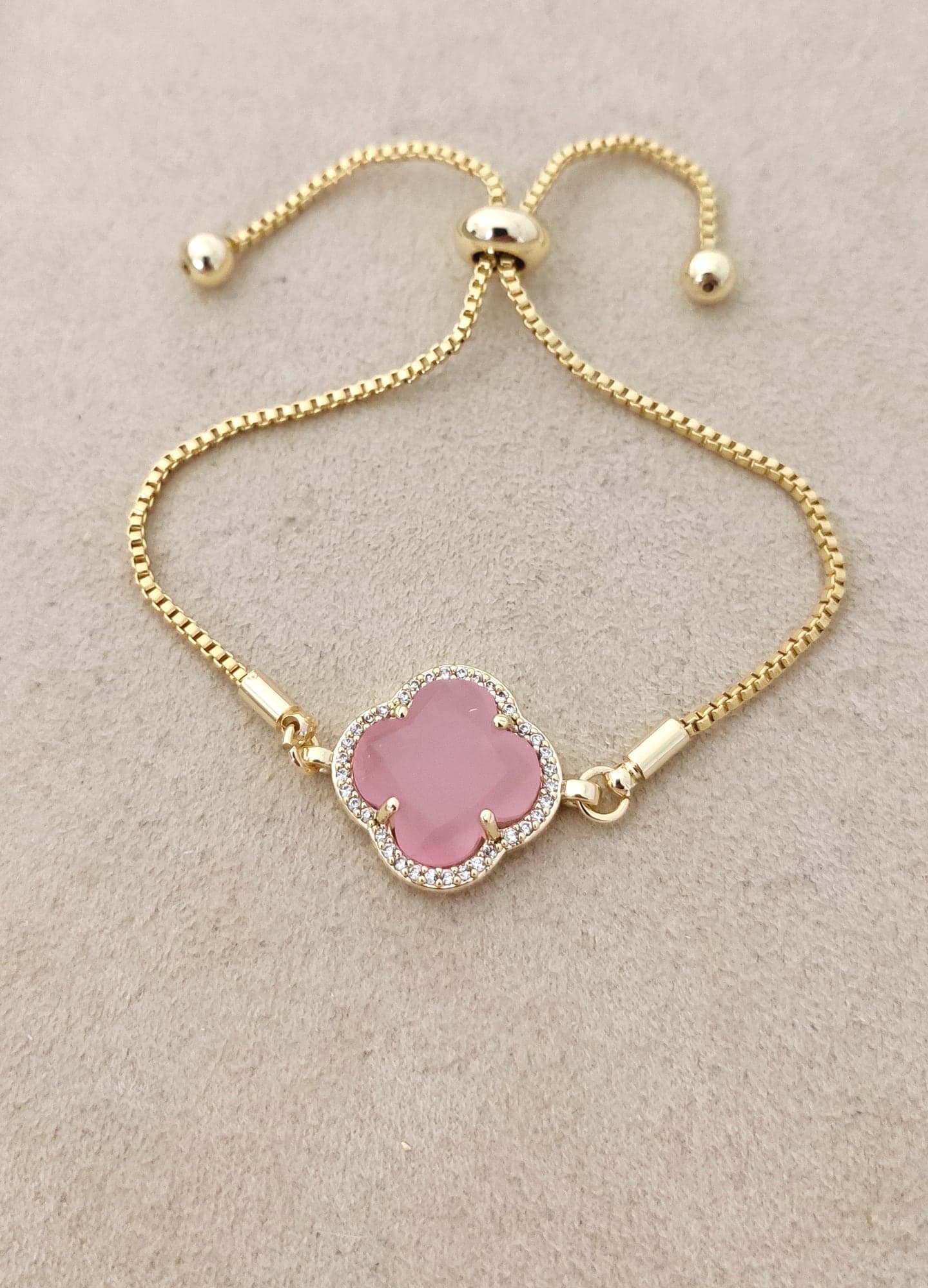 Gold Plated Brass Clover Bracelet with Cat's Eye and Zircon Stones