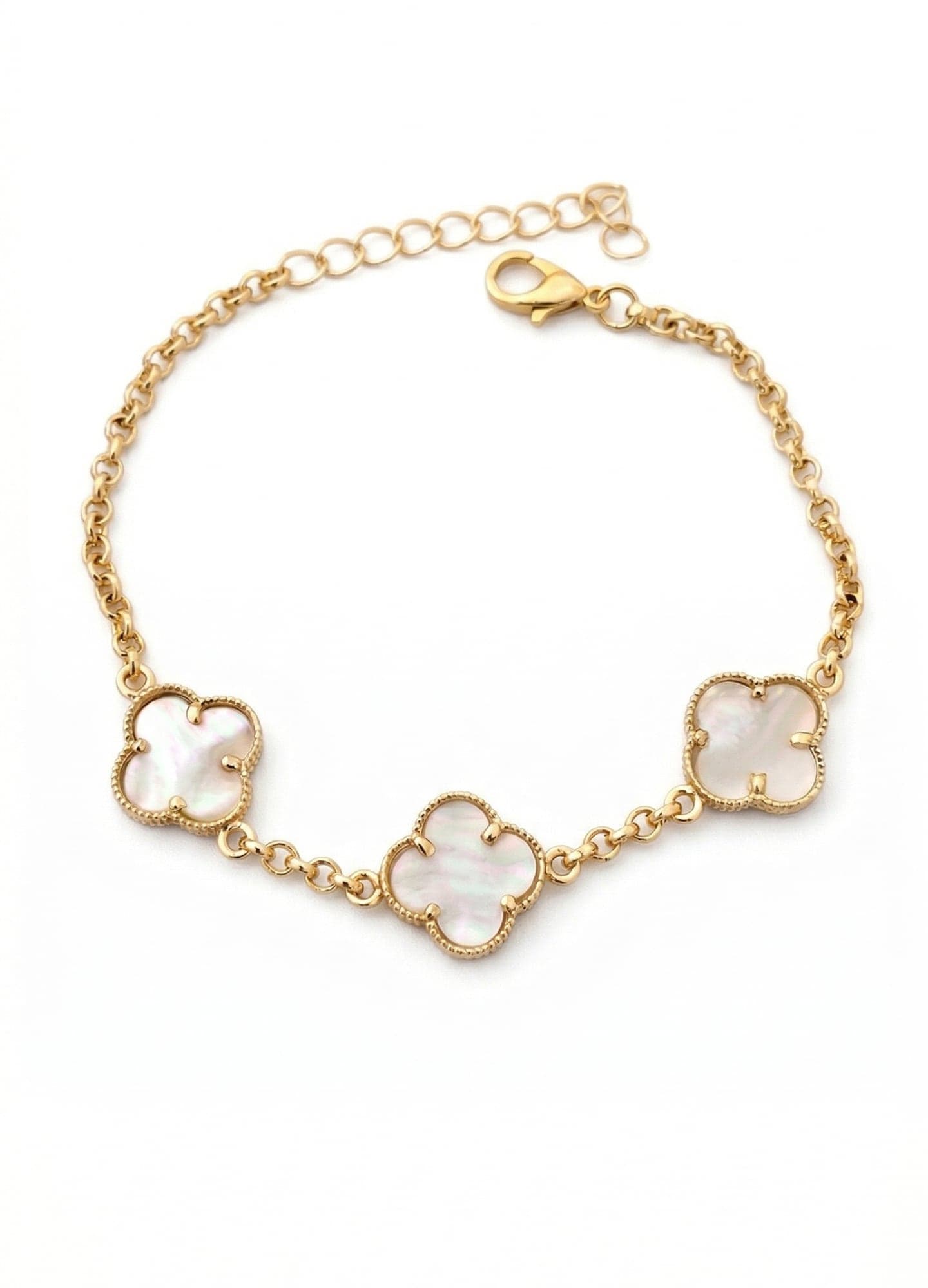 Gold Plated Mother of Pearl Stone Clover Detailed Bracelet on Brass