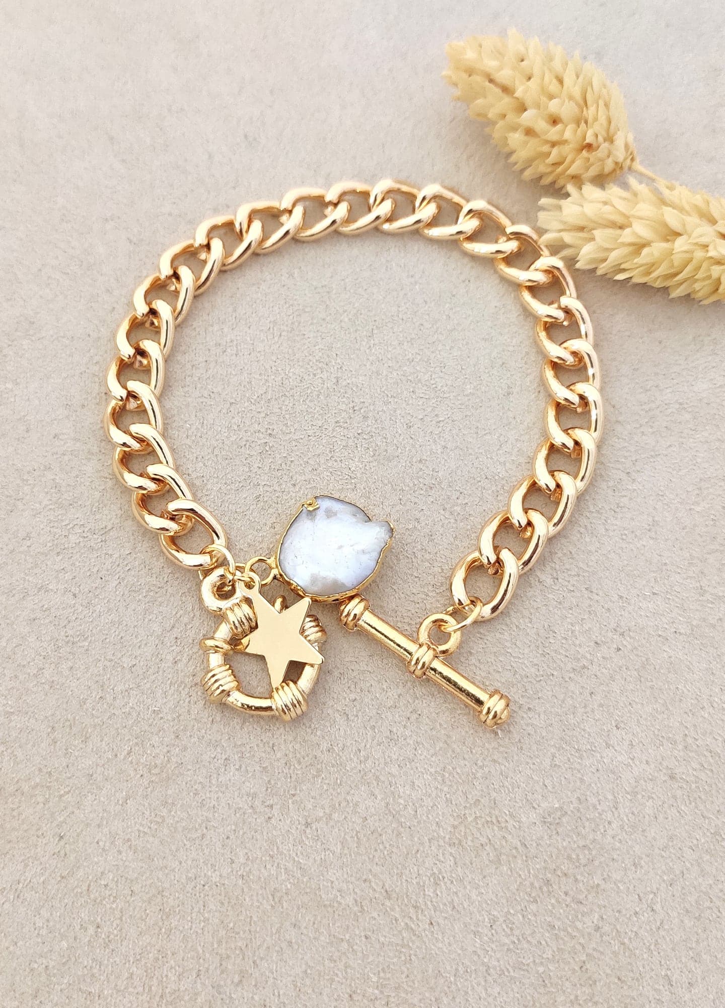 Gold Plated Real Pearl Dangle Bracelet in Brass
