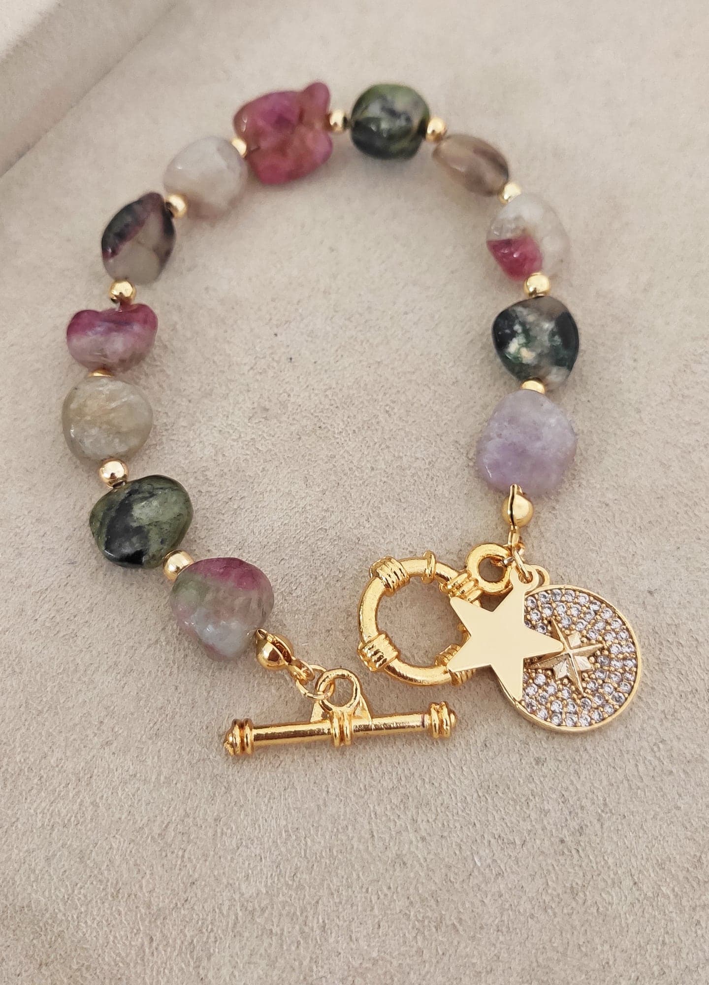Pole Star Pendulum Bracelet with Gold Plated Tourmaline Stone Arrangement and Zircon Stones on Brass