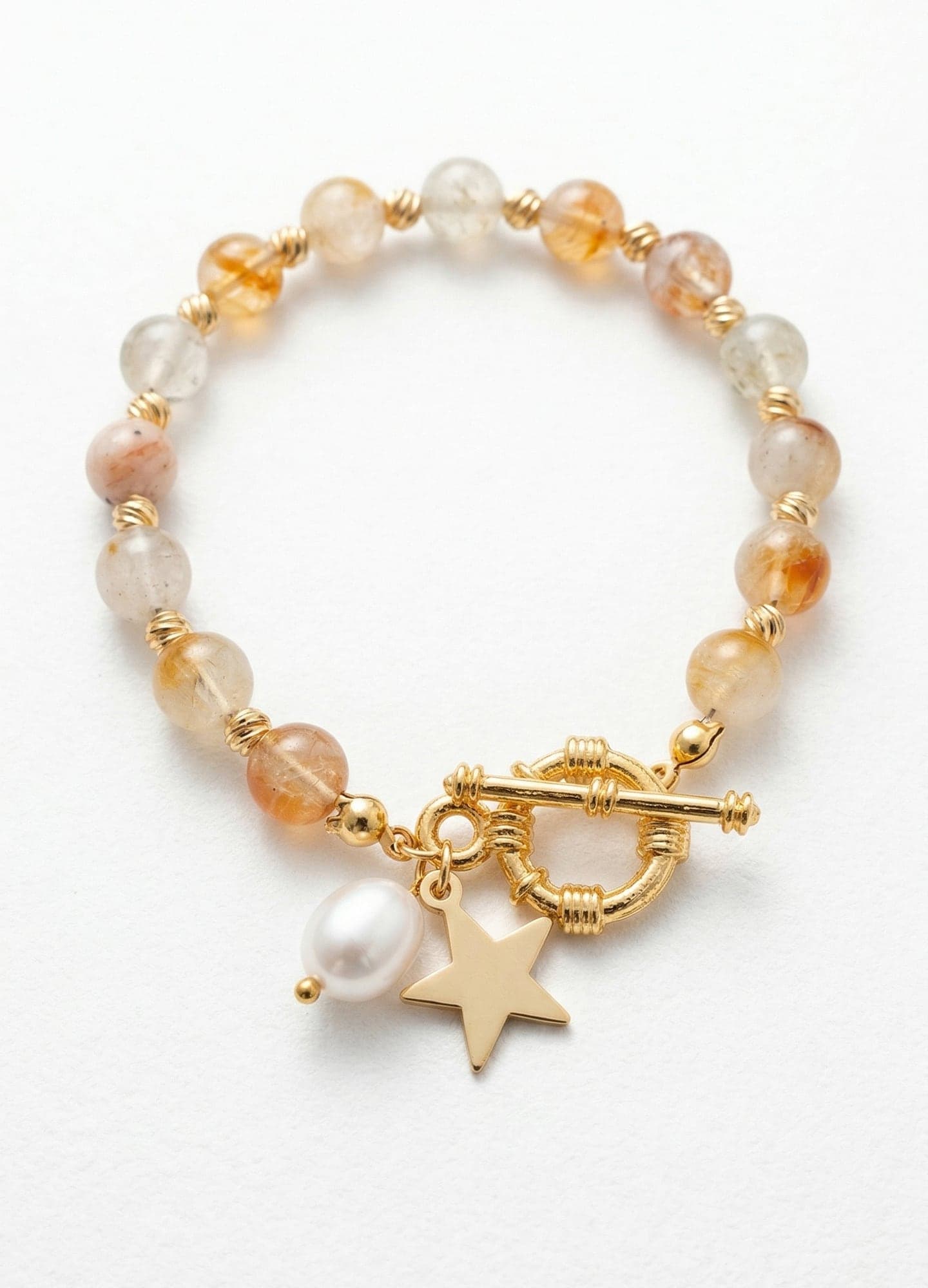 Brass Bracelet with Gold Plated Citrine Stone Arrangement and Real Pearls