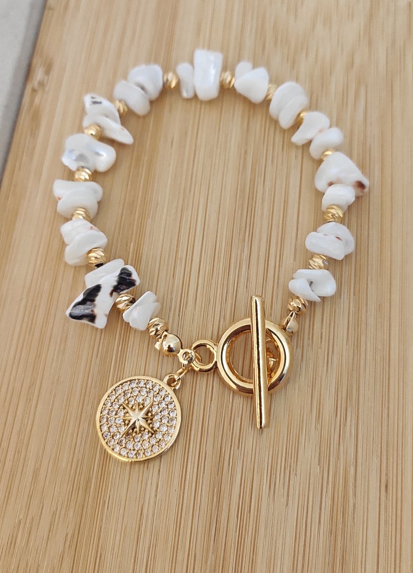 Gold-Plated Brass, Broken Mother-of-Pearl Stone Set with Zircon Stones, Polar Star-Shaped Bangle