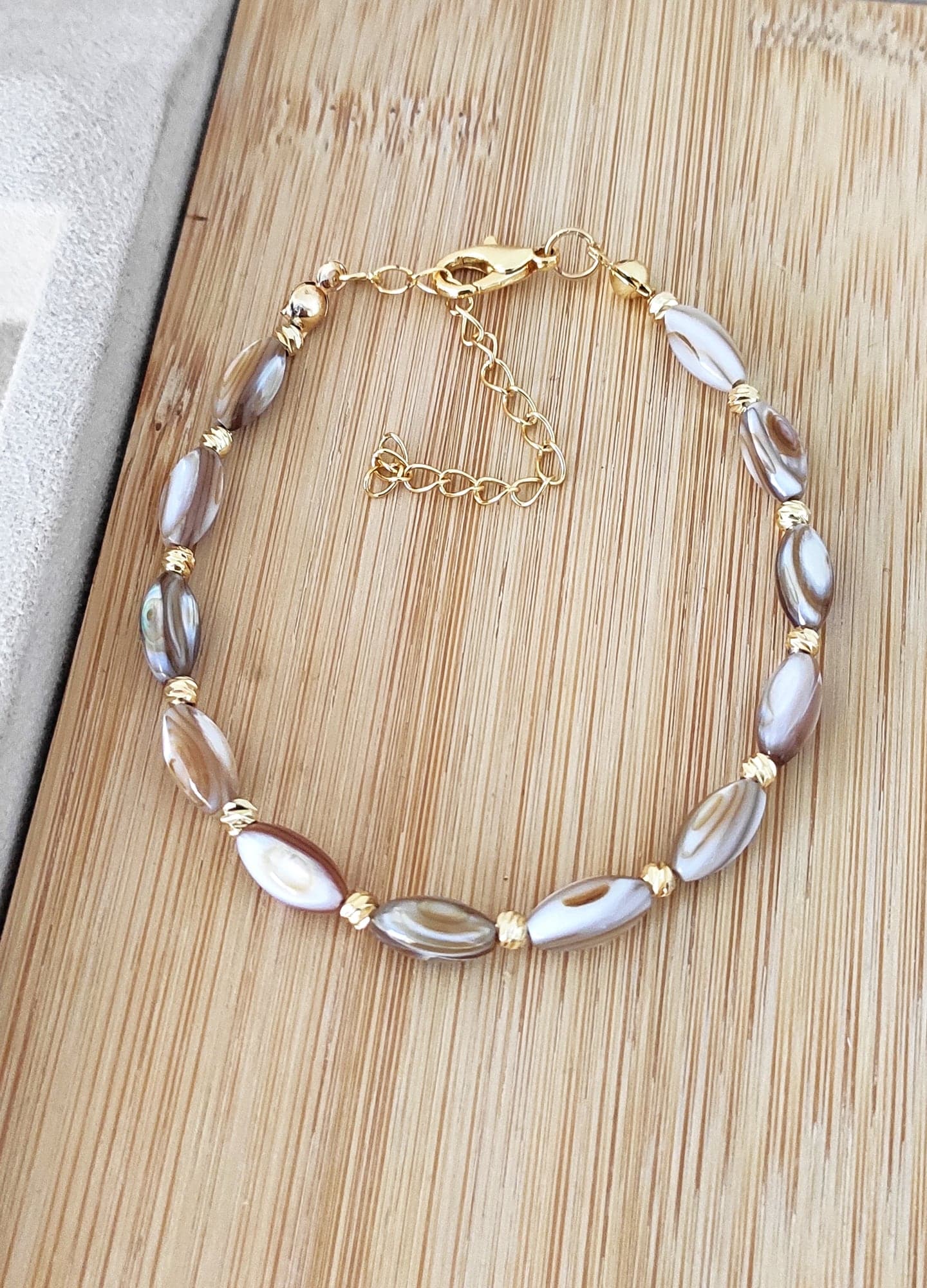 Gold-Plated Brass, Mother-of-Pearl Stone Bracelet