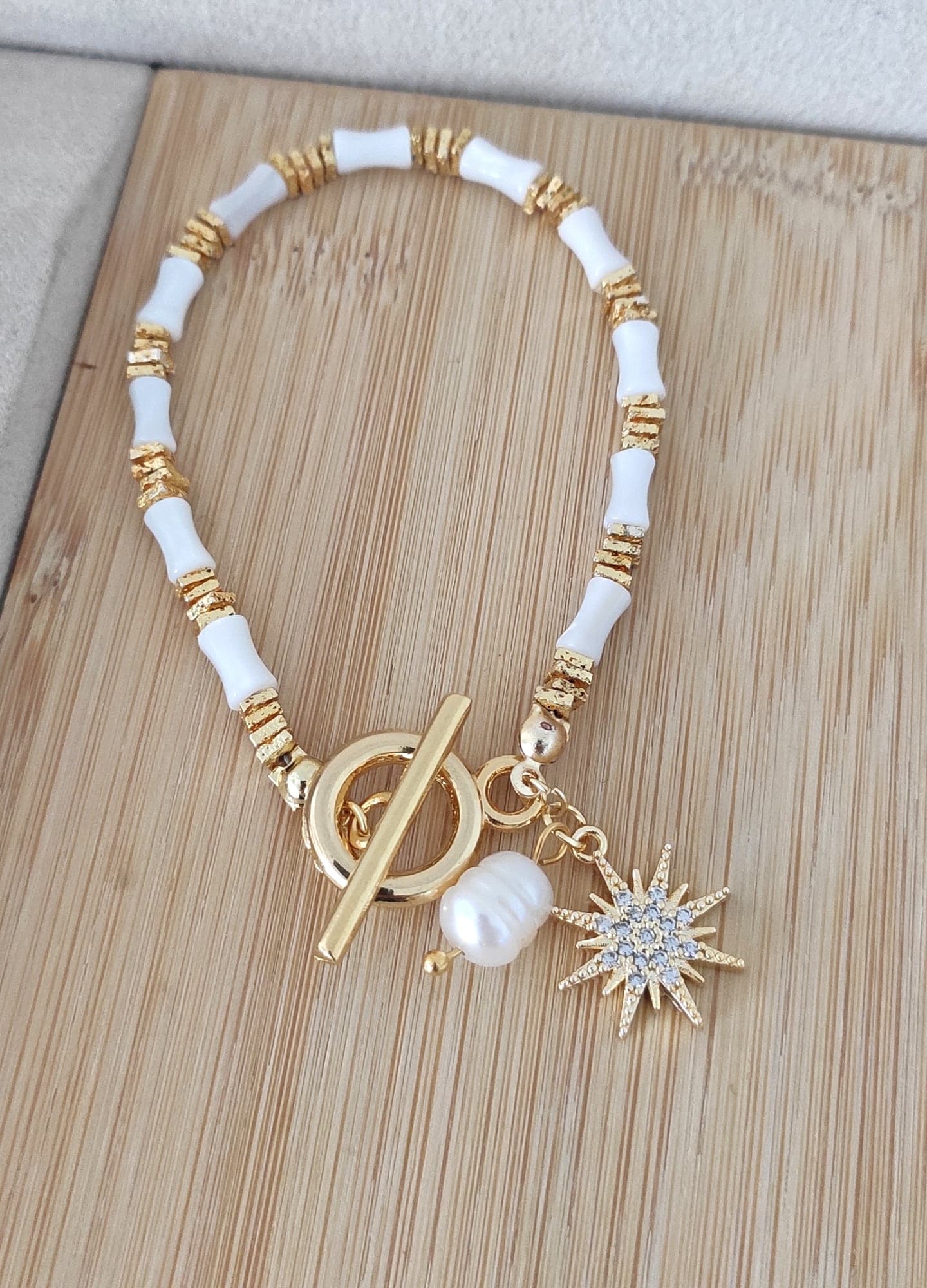 Gold-Plated Brass, Mother-of-Pearl Inlaid Zircon Stone Polar Sun and Pearl Dangle Bracelet