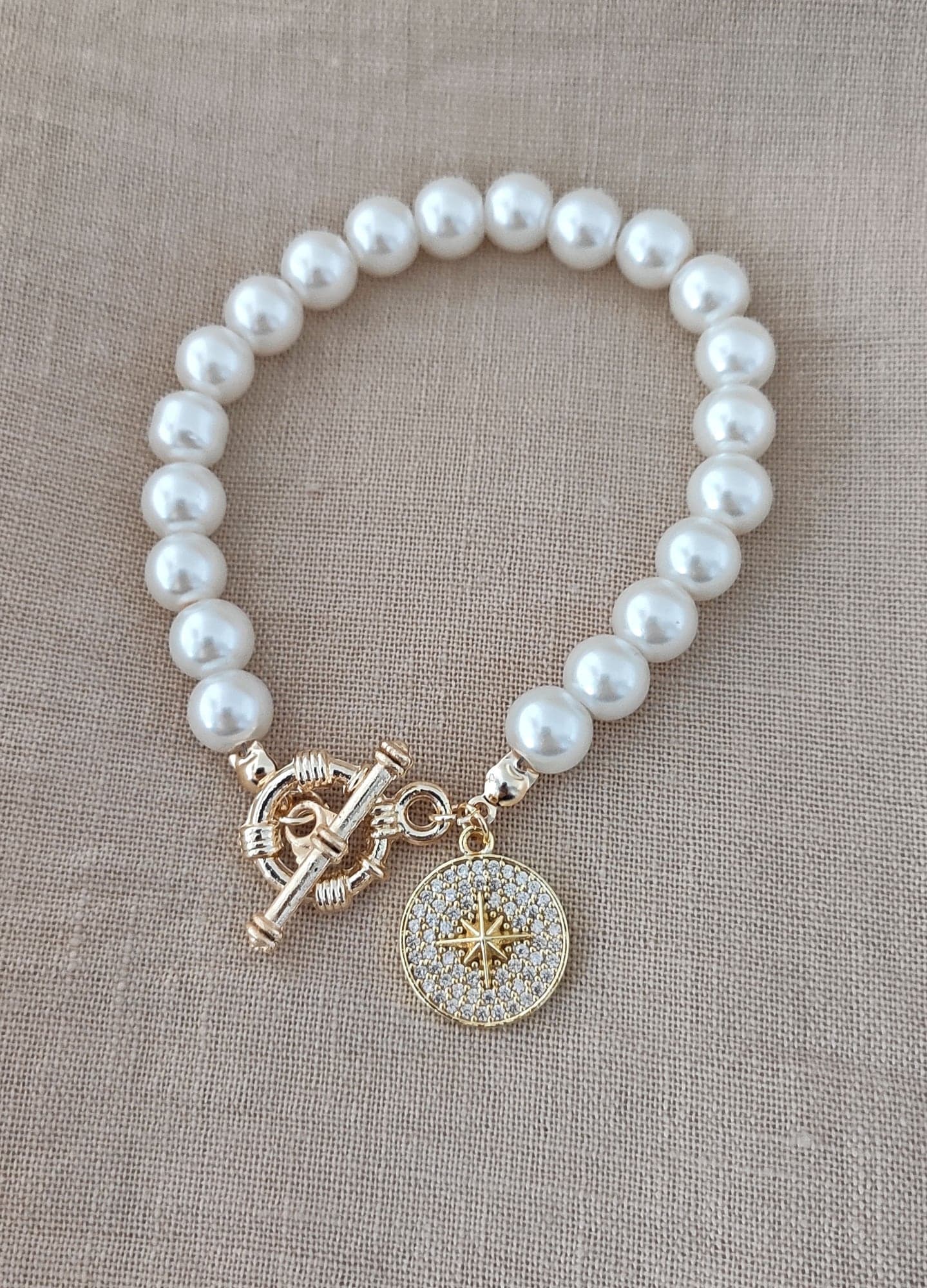 Gold-Plated Brass, Plastic Pearl-Studded and Zircon Stone-Set North Star Dangle Bracelet