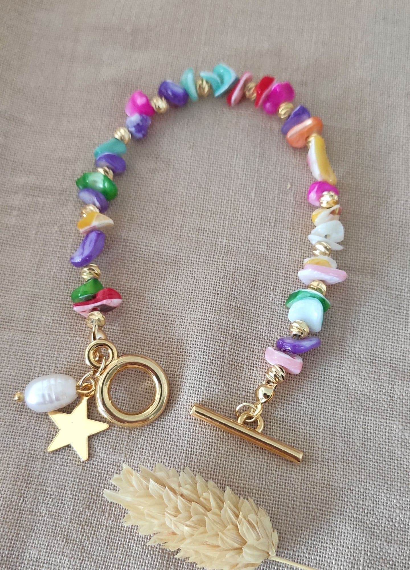 Gold-Plated Brass, Colorful Mother-of-Pearl Stone Inlay, Pearl and Star Dangle Bracelet