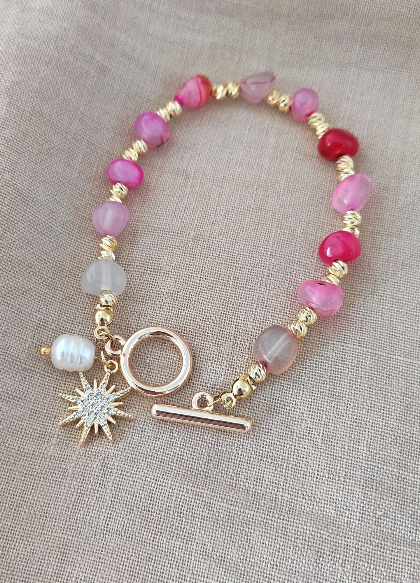 Gold-Plated Brass, Agate Stone-Set and Zircon Stone-Set North Star Dangle Bracelet