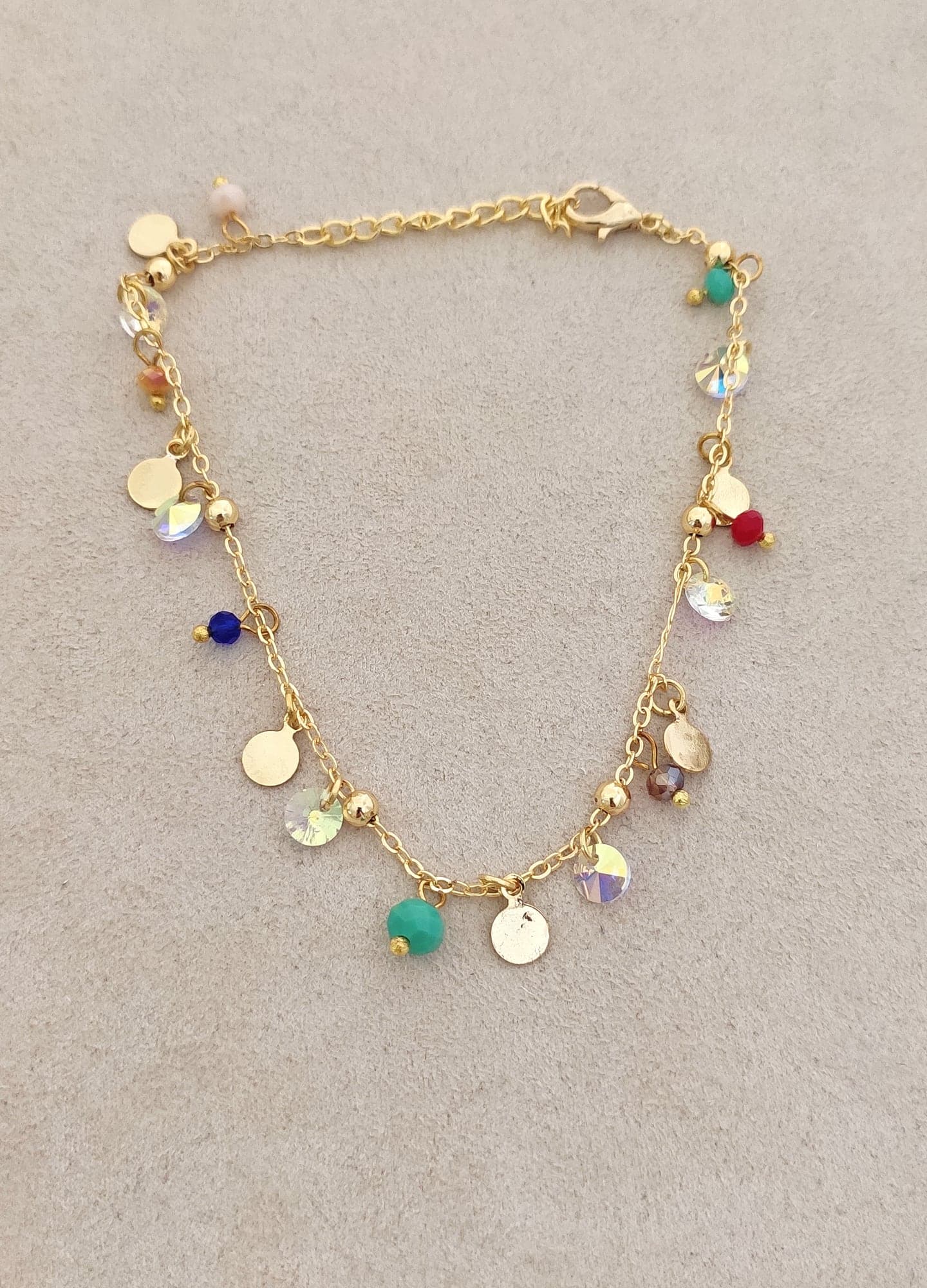 14 K goldplated brass, Cyrstal and Gemstone anklet