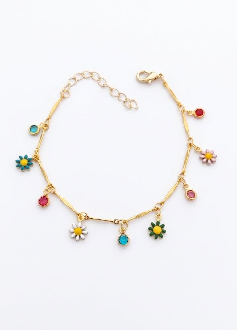 Brass with Gold Plated Colorful Daisy Dangle Anklet