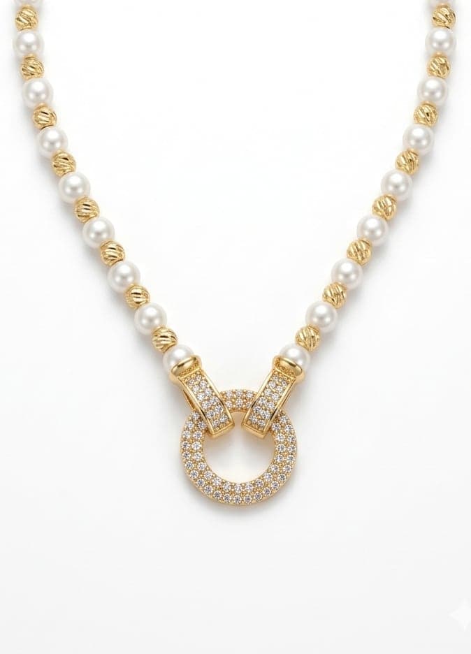 Gold Plated Plastic Pearl and Zircon Stone Necklace on Brass