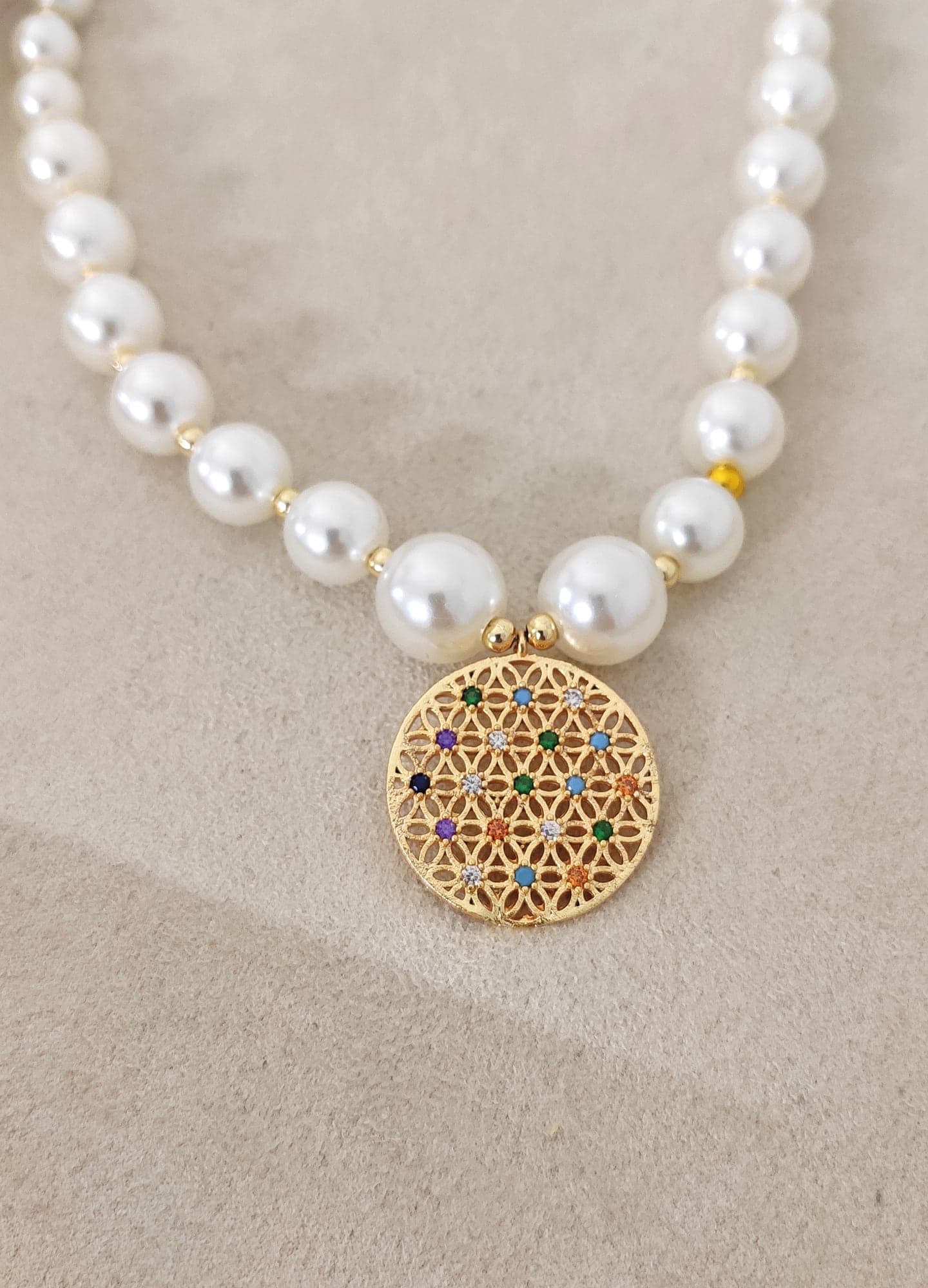 Flower of Life Necklace with Gold Plated Pearl String and Colored Zircon Stones on Brass