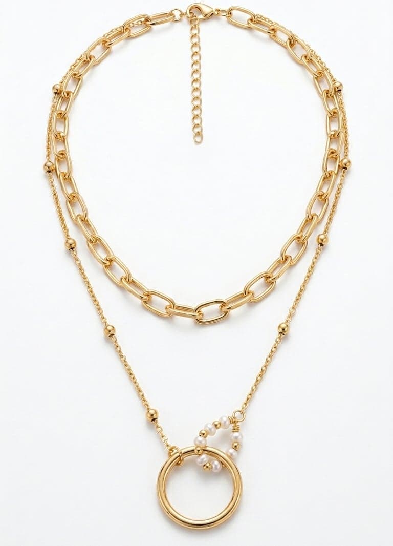 Two Chain Necklace with Gold Plated Pearl Details on Brass