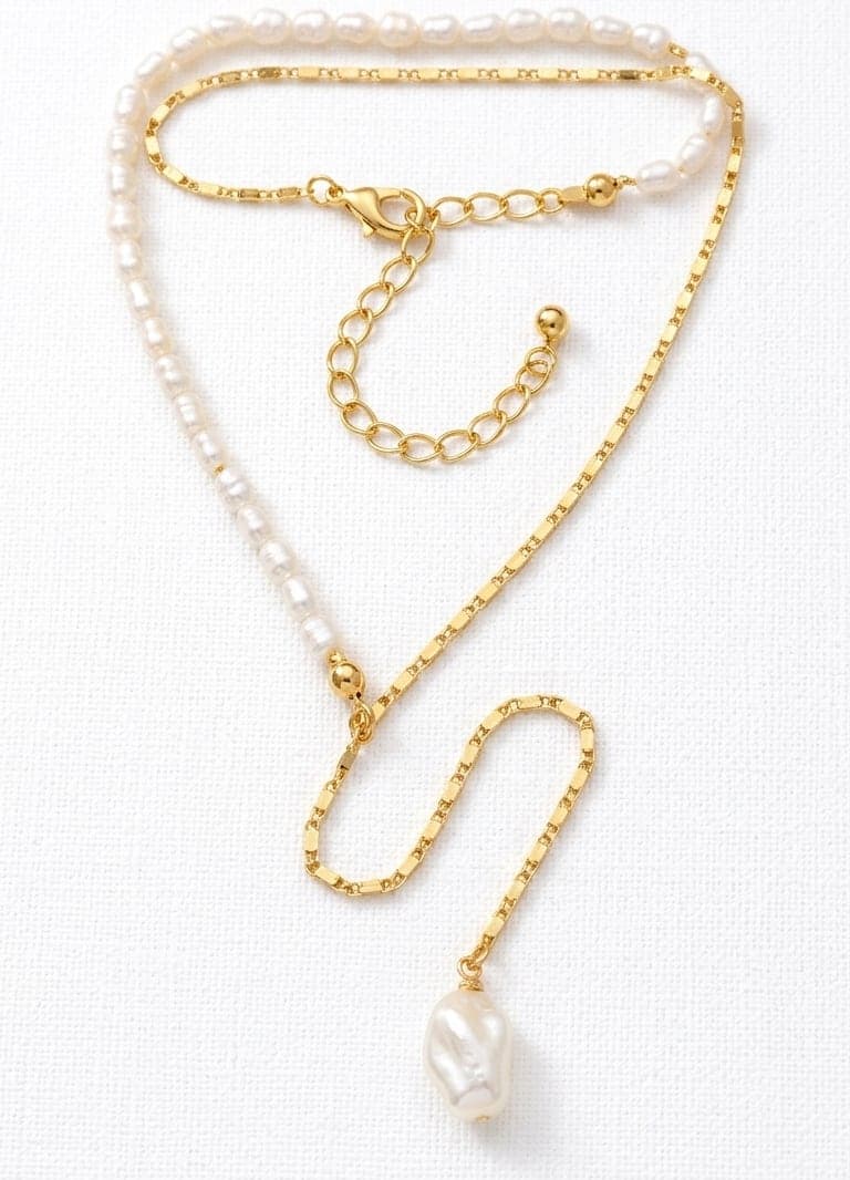 Gold Plated Pearl String and Pearl Pendant Necklace in Brass