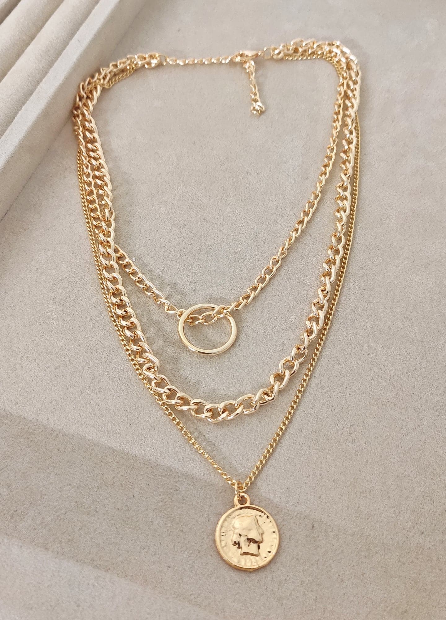 Brass with Gold Plated Coin Pendant Necklace with Three Chains
