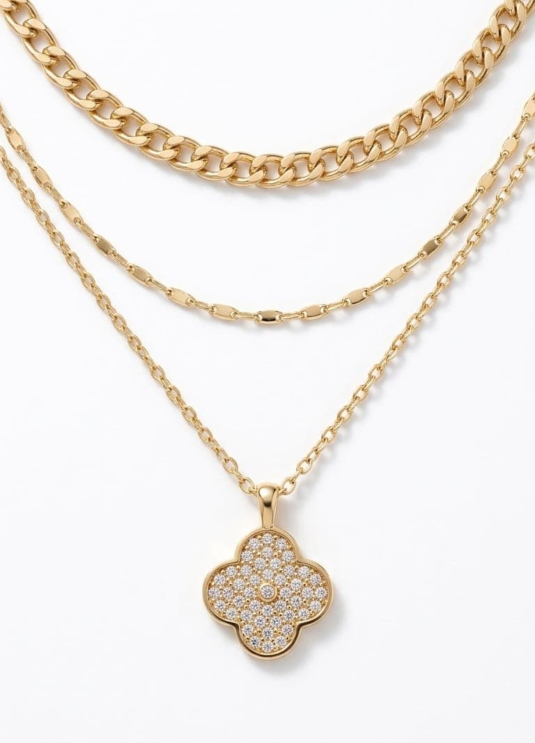 Gold Plated Brass Zircon Stone Clover Pendant Necklace