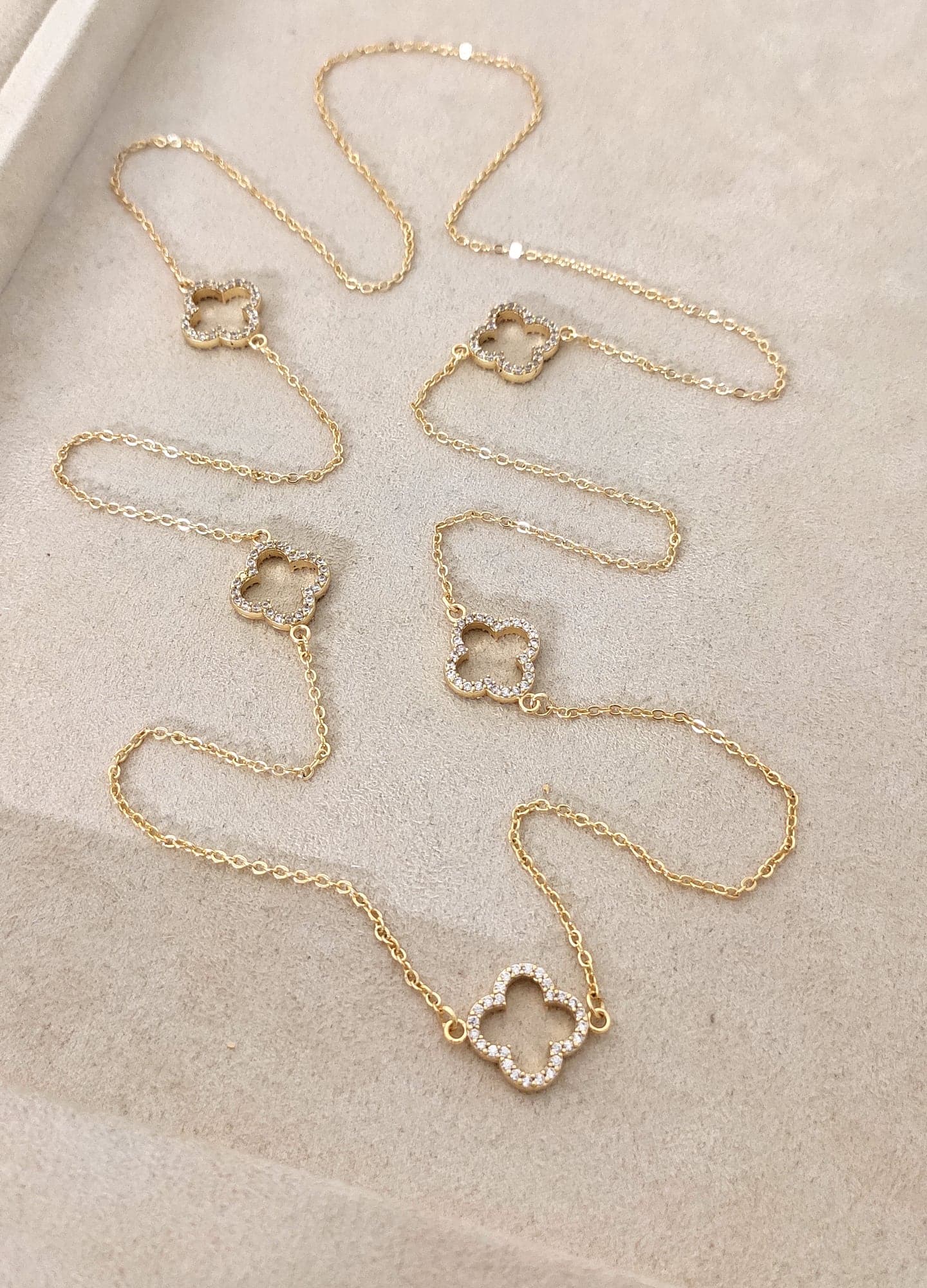 Brass on Gold Plated Zircon Stone Clover Figured Chain Necklace