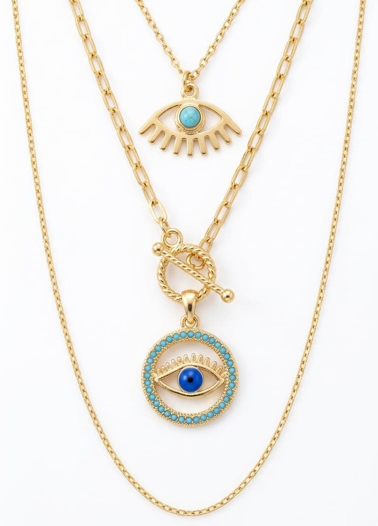 Brass Gold Plated Zircon Stone Eye Hanging Multiple Necklace
