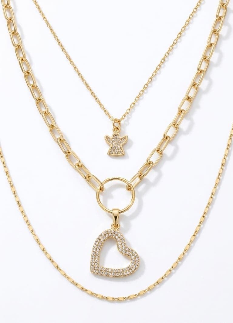 Brass Gold Plated Zircon Stone Heart Hanging Multiple Necklace