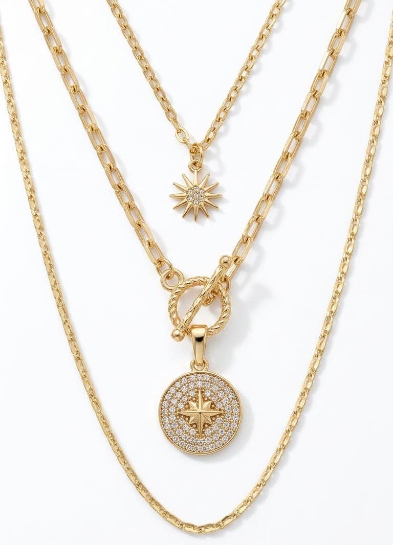 Gold Plated Brass, Zircon Stone Pole Star and Sun Detail Multiple Necklace