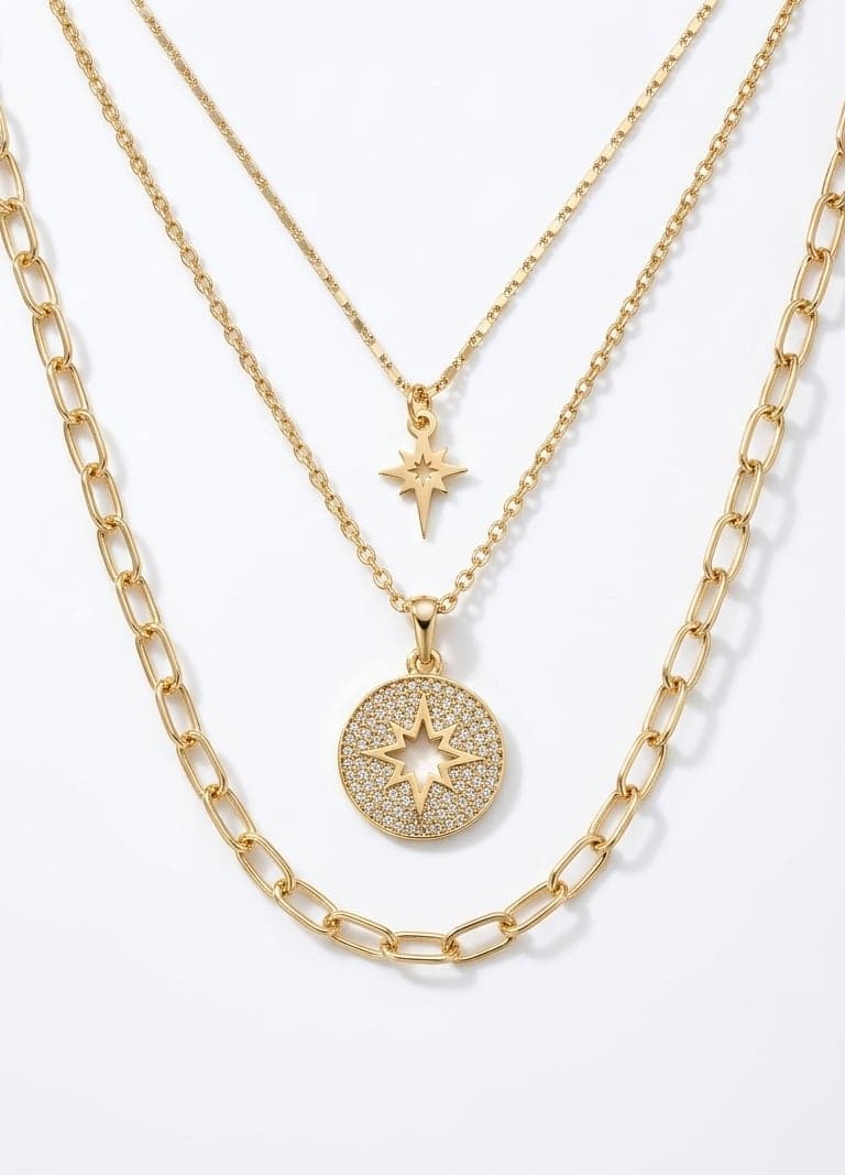 Gold Plated Brass, Zircon Stone Pole Star Detailed Multiple Necklace