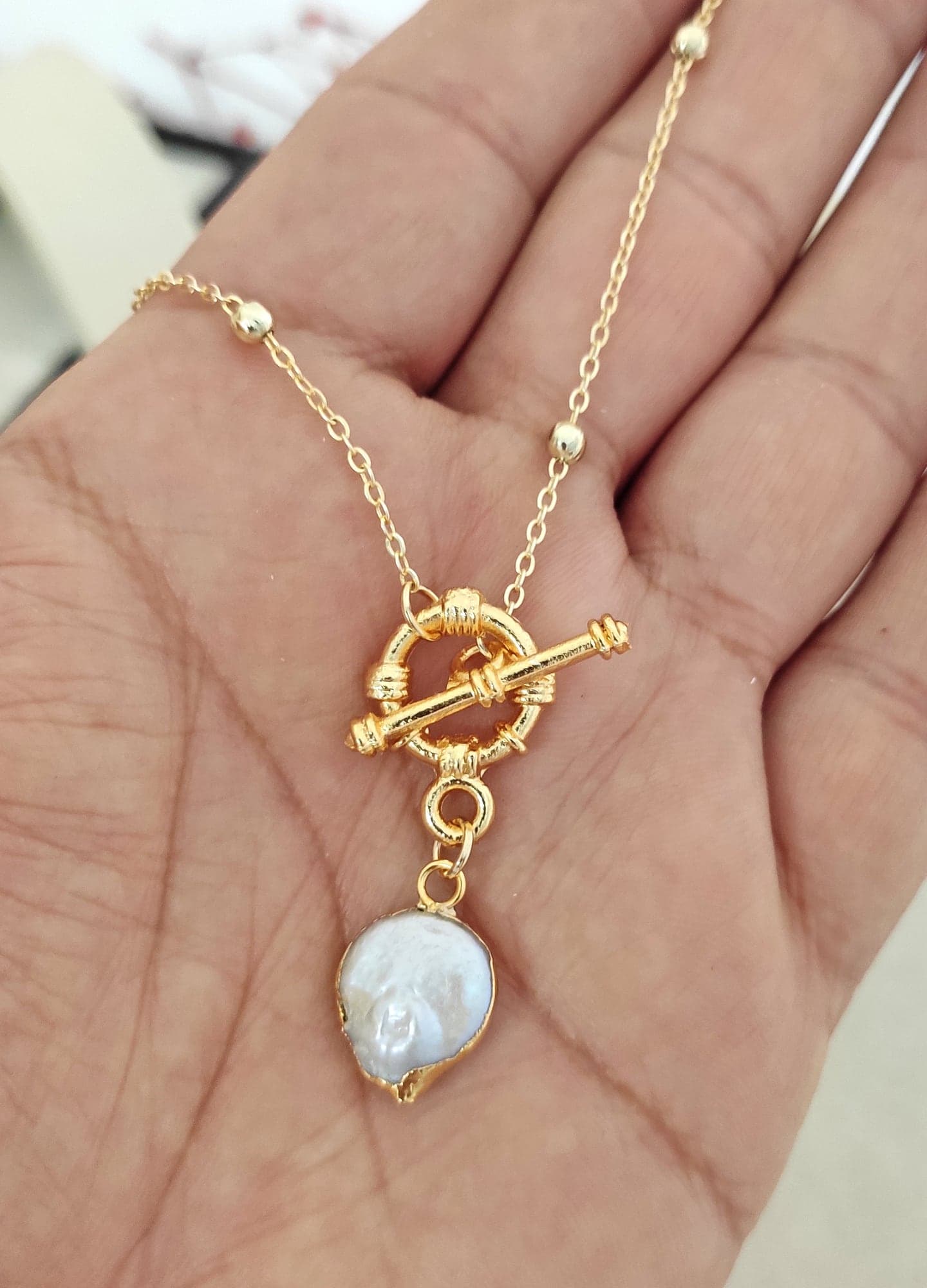 Gold Plated Pearl Pendant Necklace in Brass