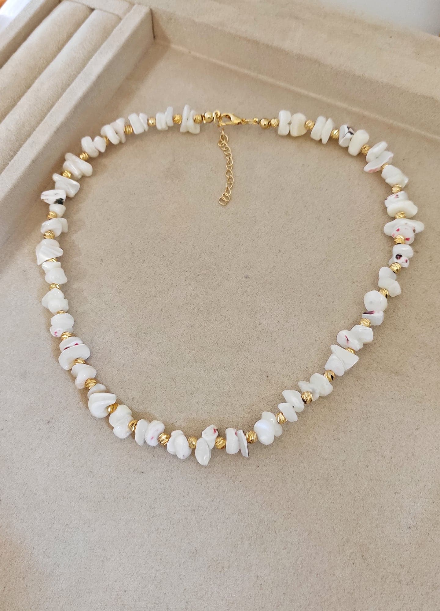 Gold-Plated Brass Necklace with Broken Mother-of-Pearl Stone Beads