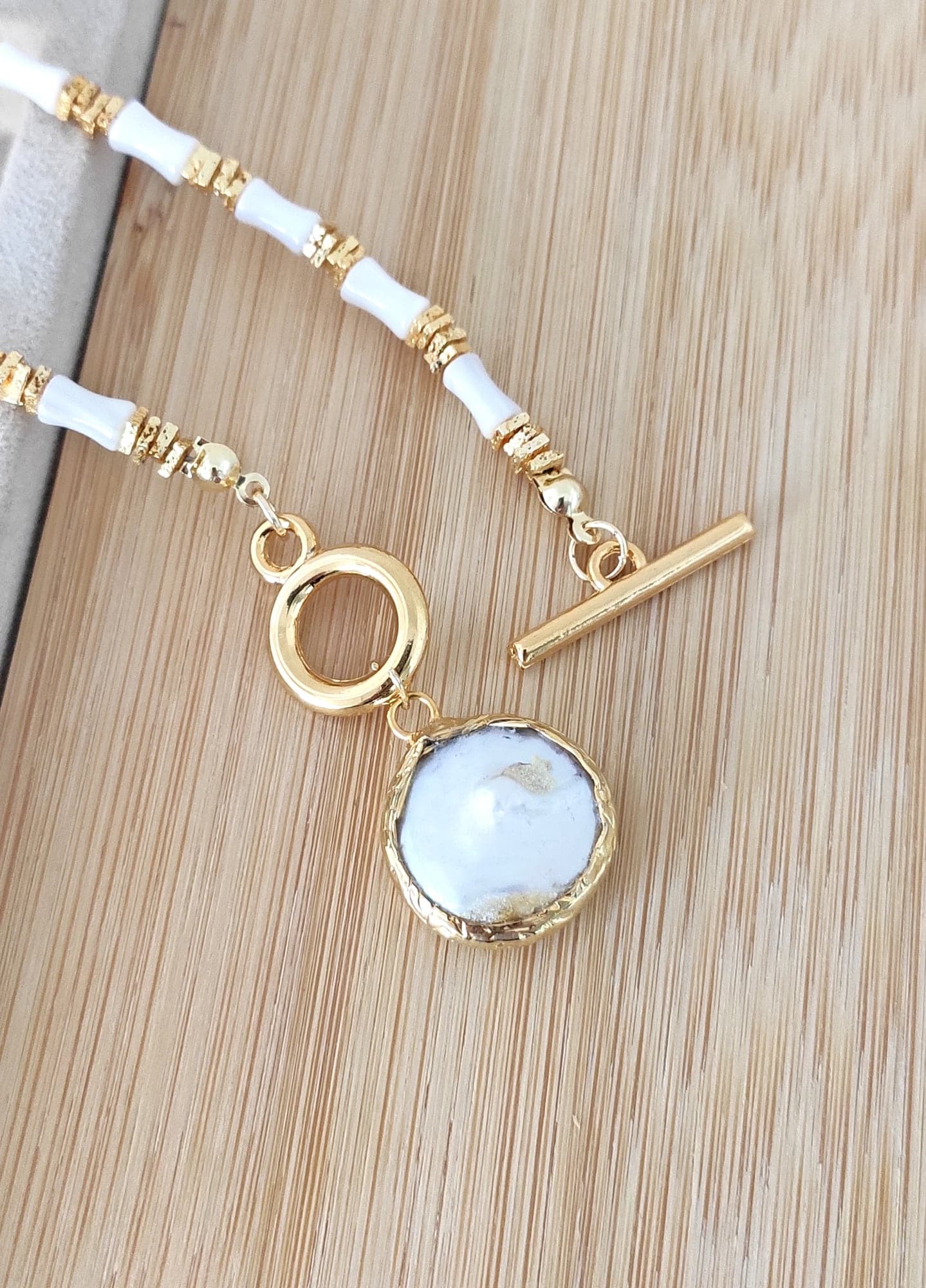 Gold-Plated Brass, Mother-of-Pearl Inlay, and Genuine Pearl Dangle Necklace