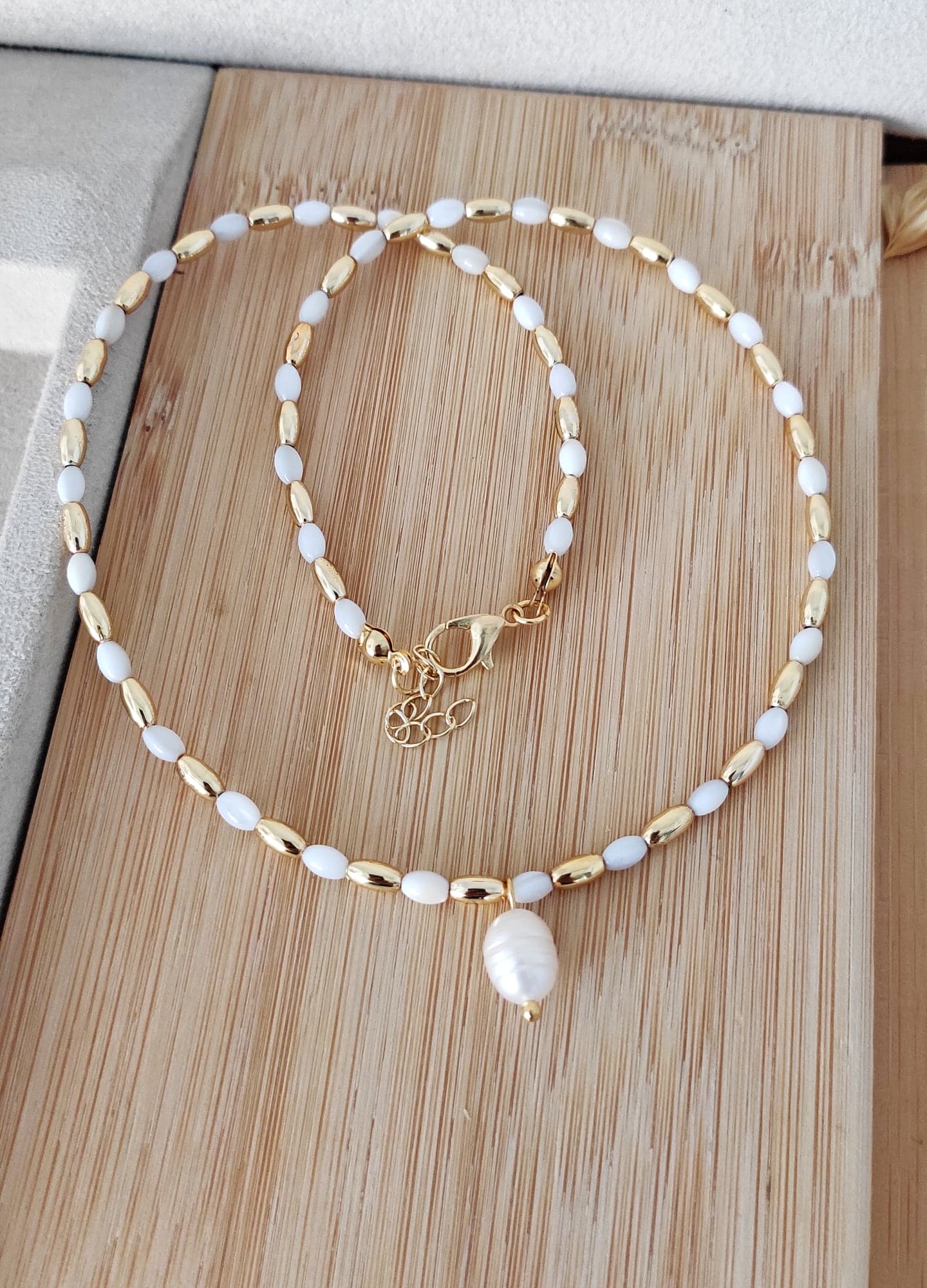 Gold-Plated Brass, Mother-of-Pearl Inlay, and Genuine Pearl Dangle Necklace
