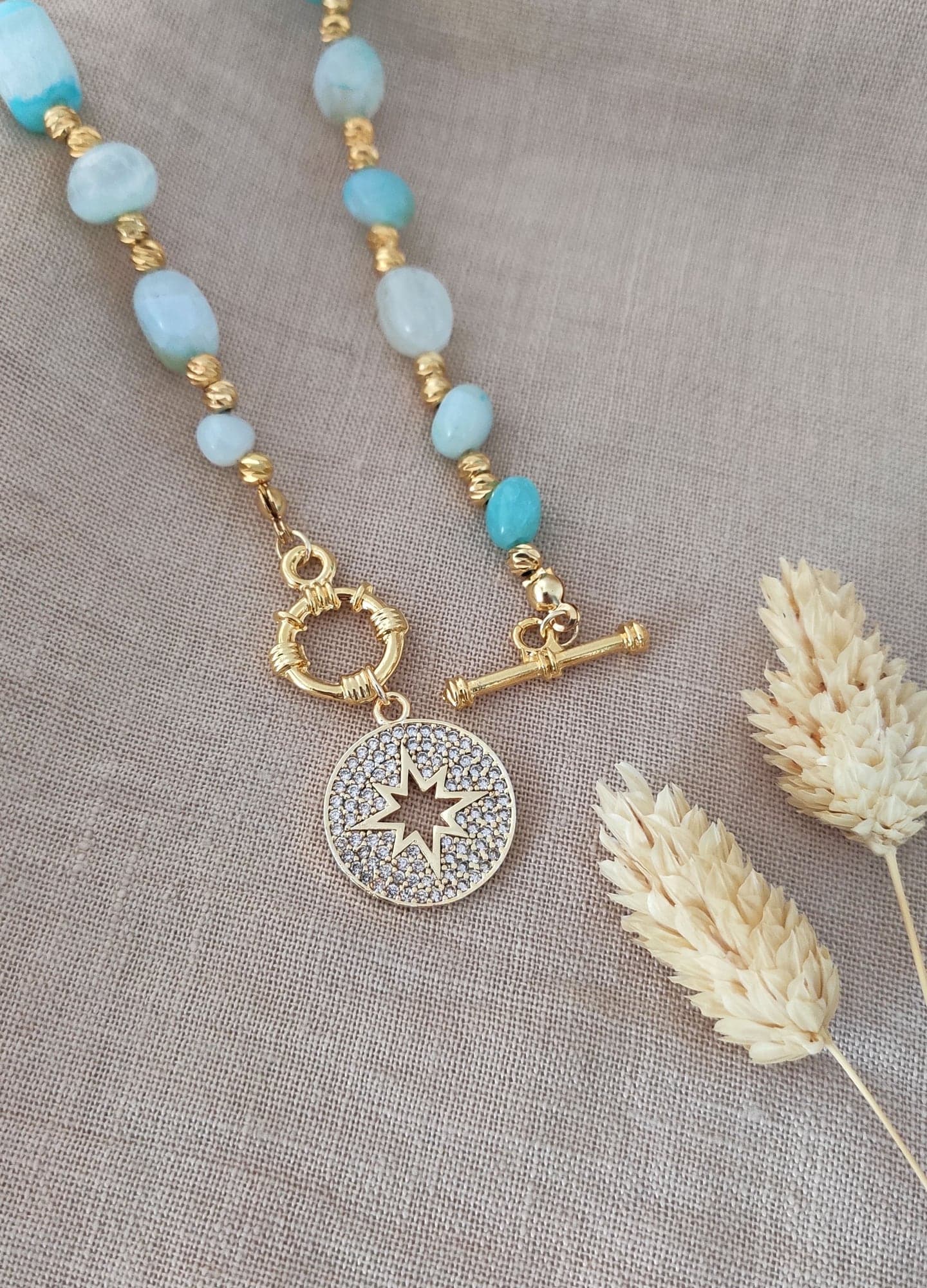 Gold-Plated Brass, Agate Stone Inlaid and Zircon Stone Polar Star Dangle Necklace