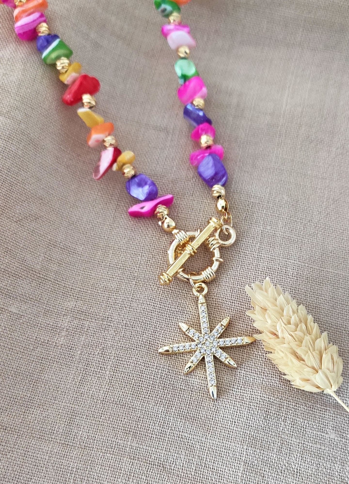 Gold-Plated Brass, Colorful Mother-of-Pearl Inlay and Zircon Stone North Star Pendant Necklace