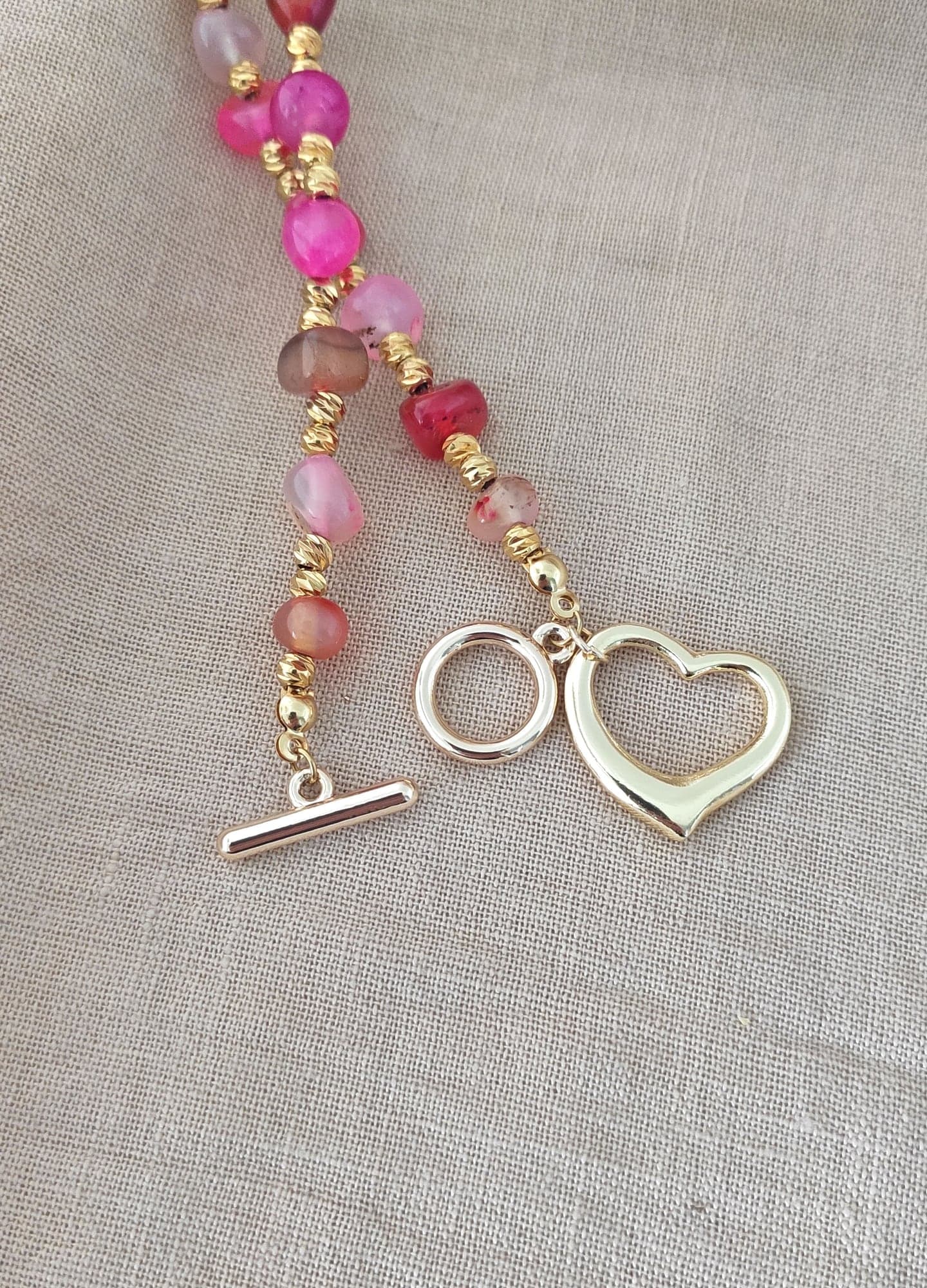 Gold-Plated Brass, Pink Agate Stone Beaded and Heart Pendant Necklace