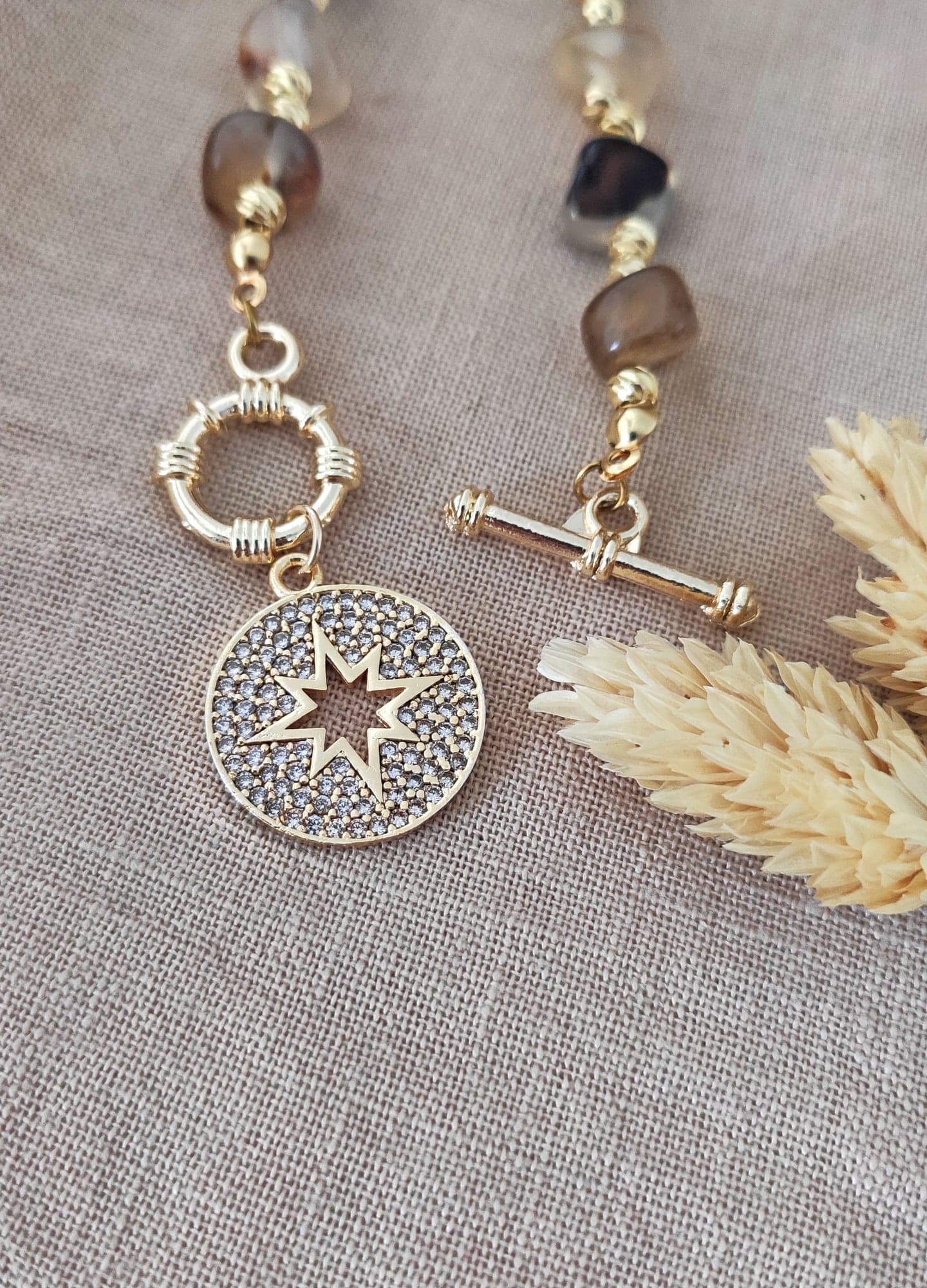 Gold-Plated Brass, Agate Stone Inlaid and Zircon Stone Polar Star Dangle Necklace