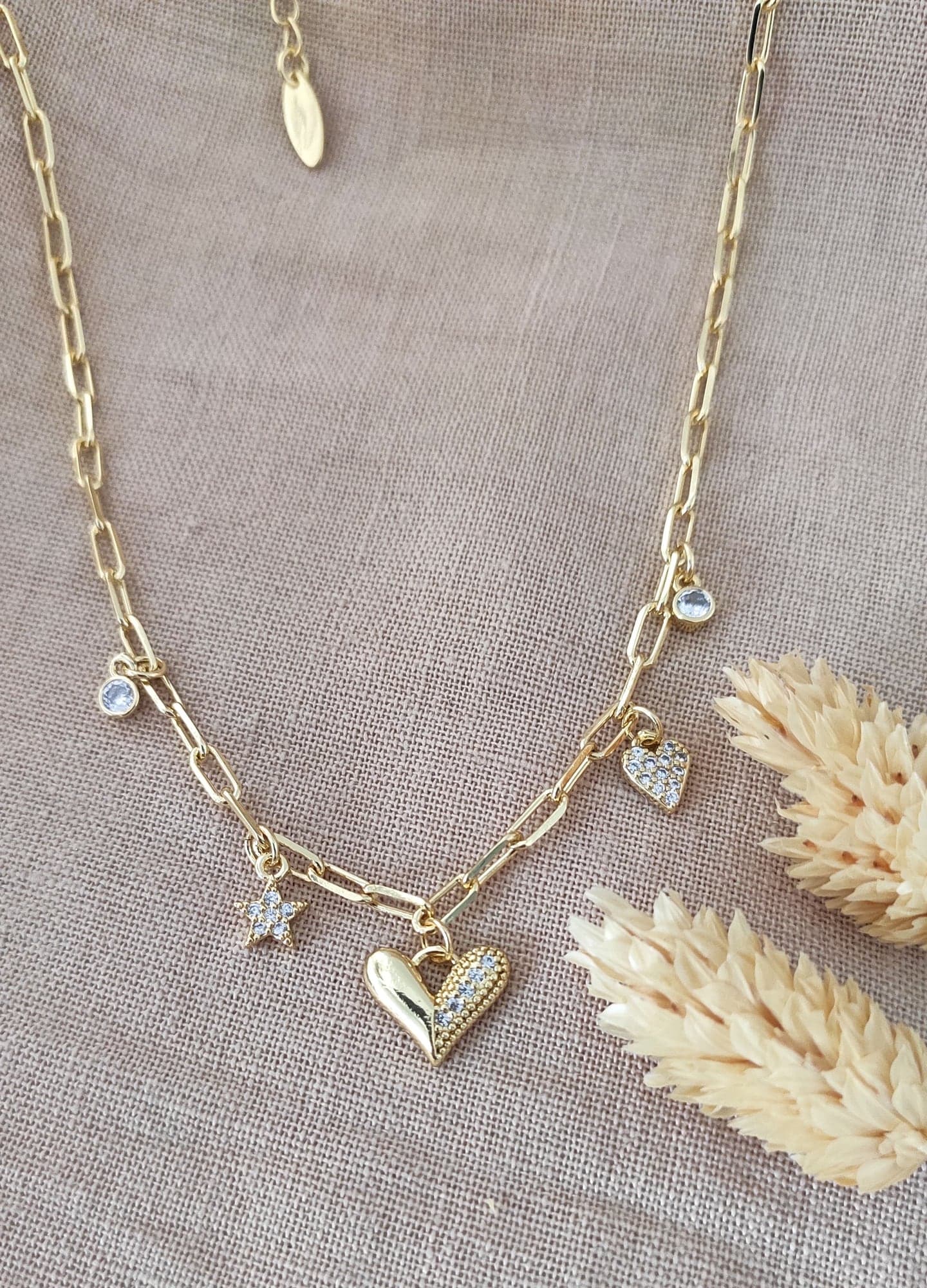 Gold-Plated Brass, Zircon Stone Heart and Star Pendant Necklace