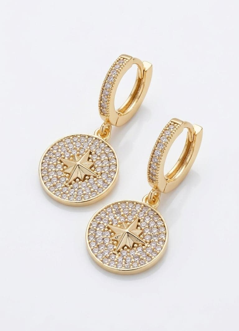 Pole Star Dangle Earrings with Gold Plated Zircon Stone on Brass