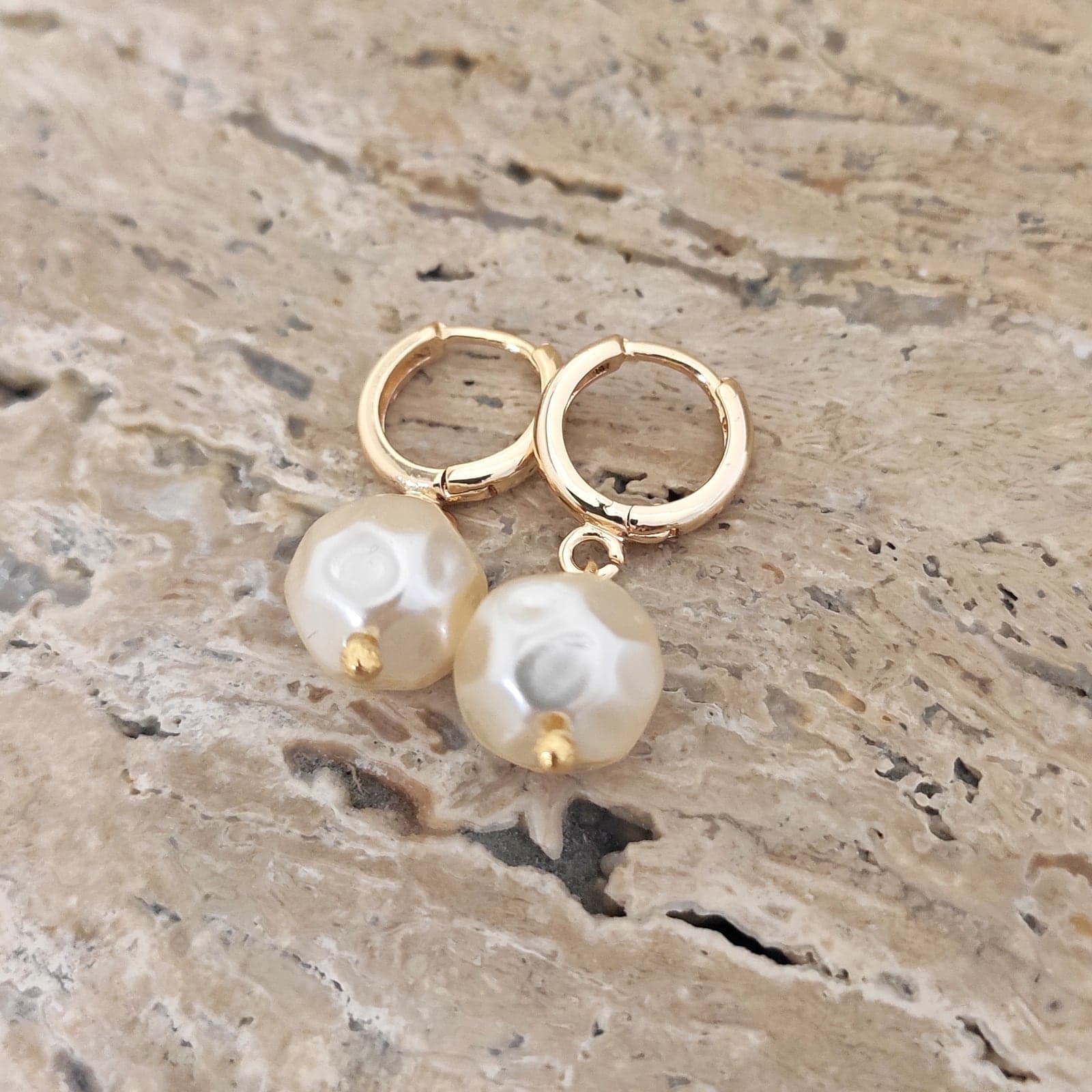 Brass Gold Plated Plastic Pearl Dangle Hoop Earrings