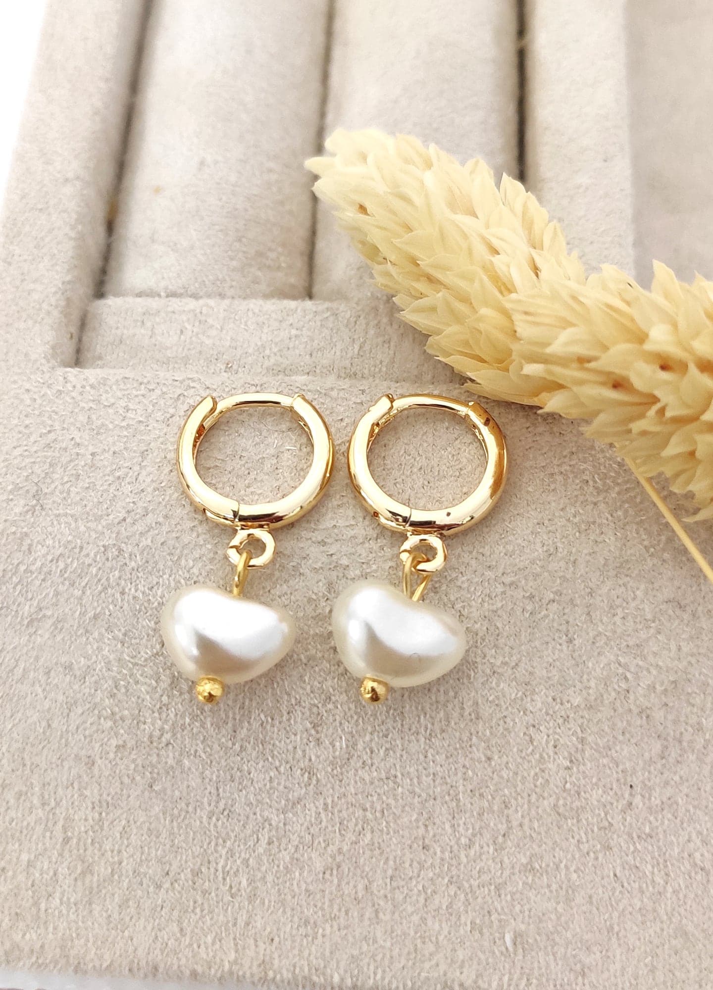 Gold Plated Plastic Heart Pearl Dangle Hoop Earrings in Brass