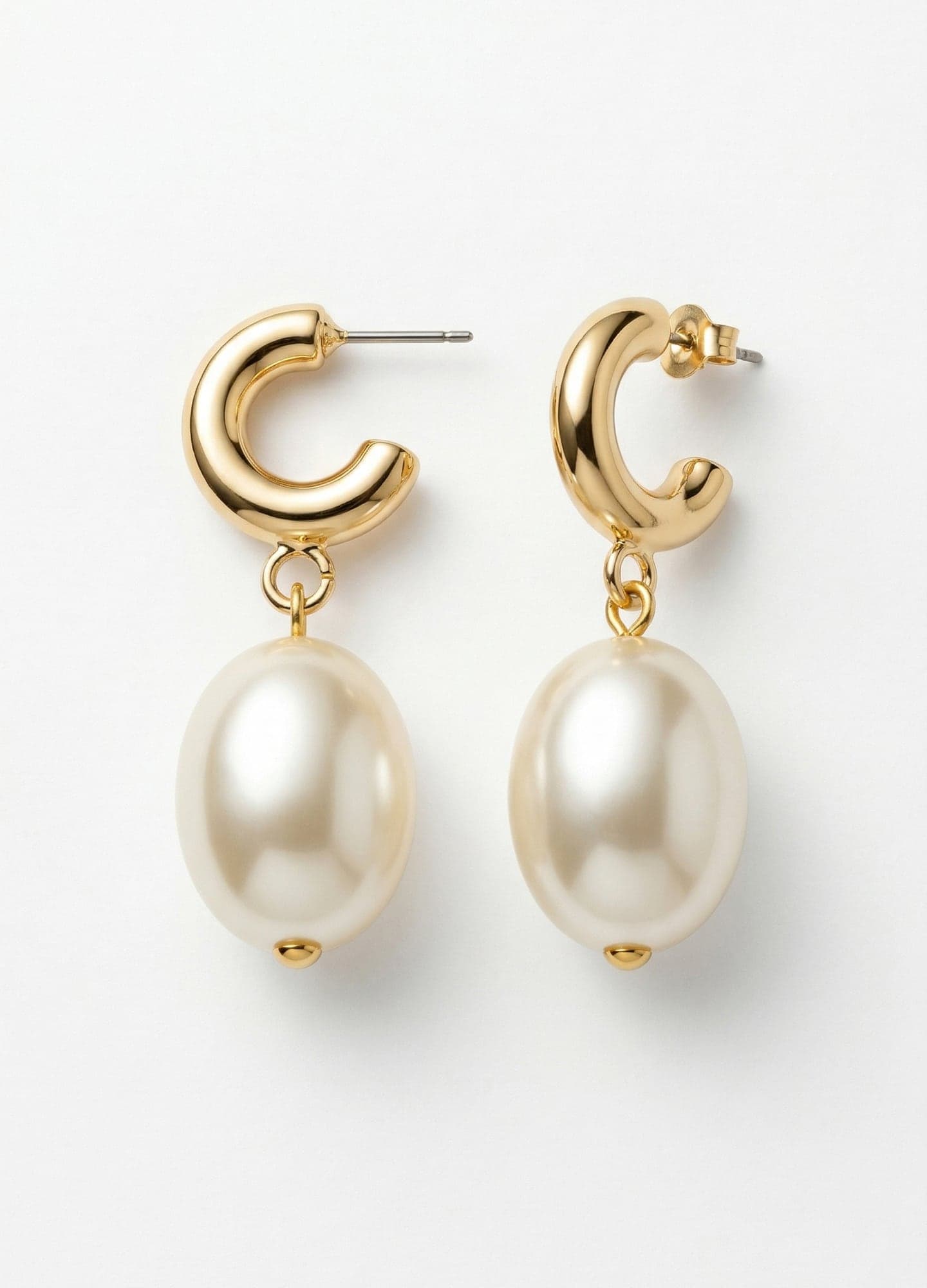 Gold Plated Pearl Dangle Hoop Earrings in Brass