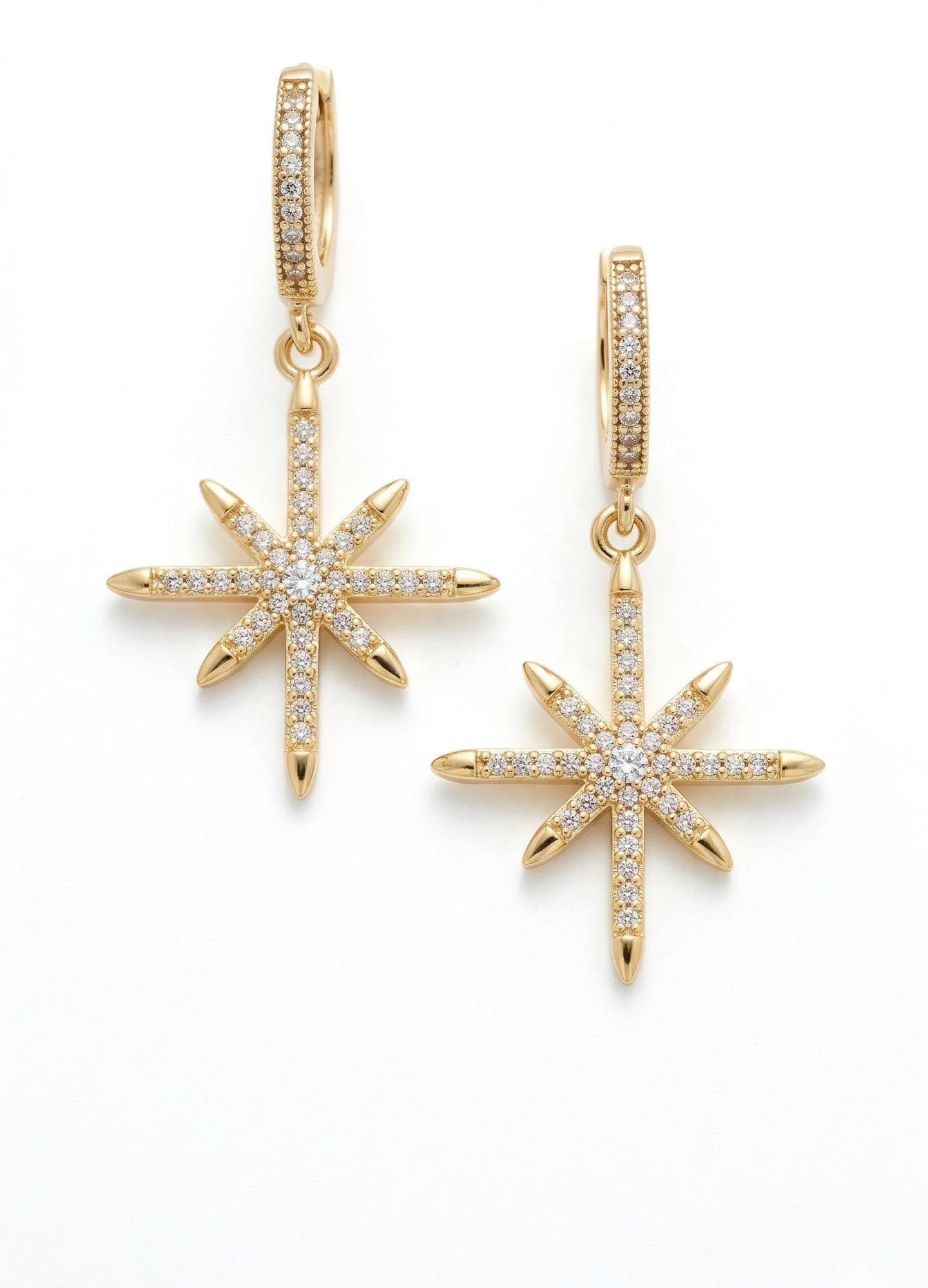 Brass Gold Plated Zircon Stone Pole Star Dangle Hoop Earrings